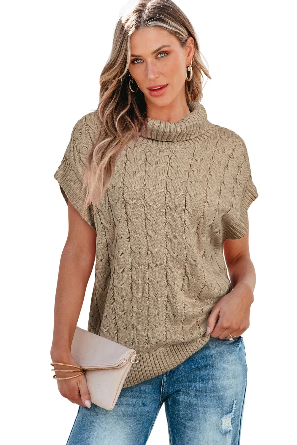 Light Beige Turtleneck Short Dolman Sleeve Cable Knit Sweater