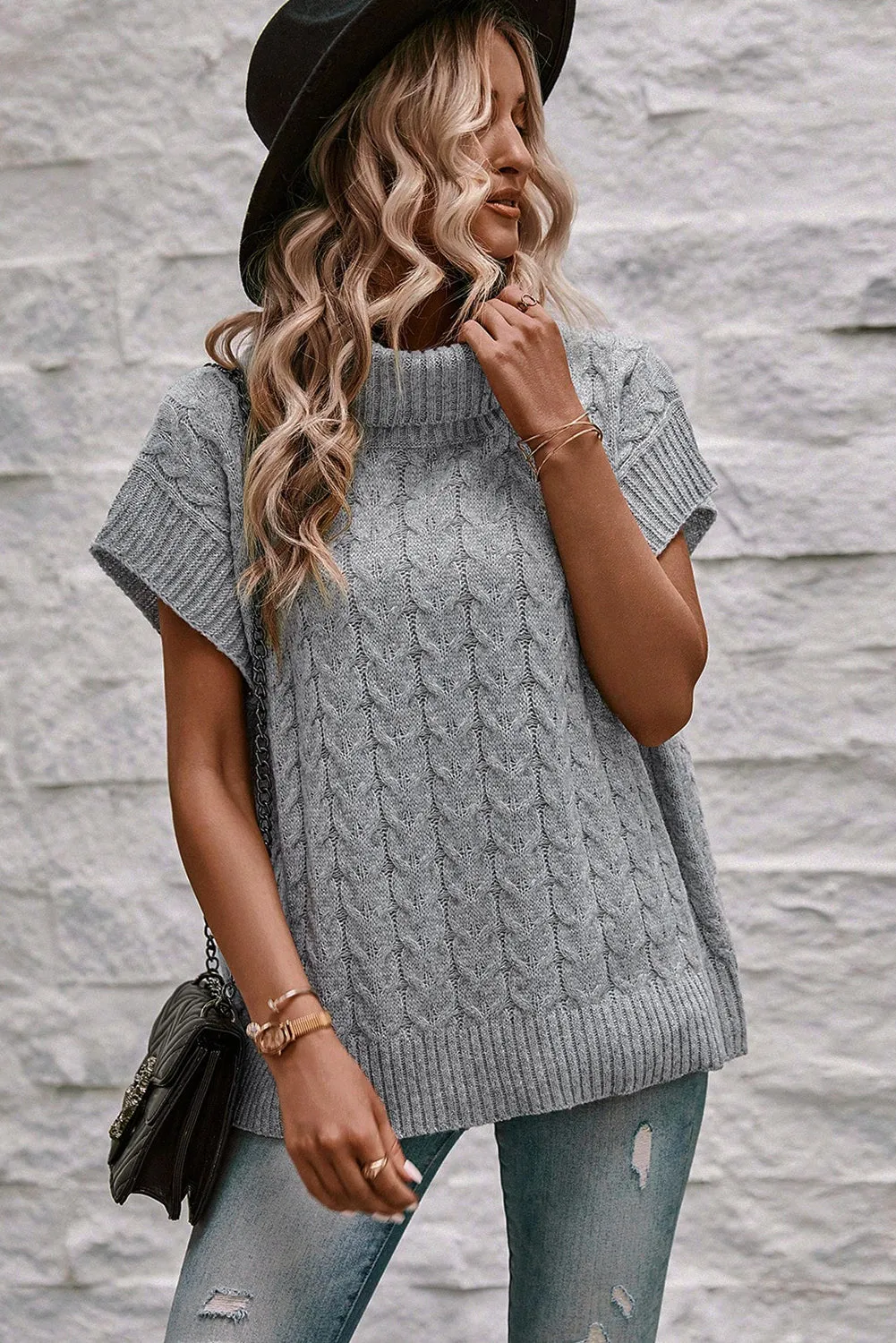 Light Beige Turtleneck Short Dolman Sleeve Cable Knit Sweater