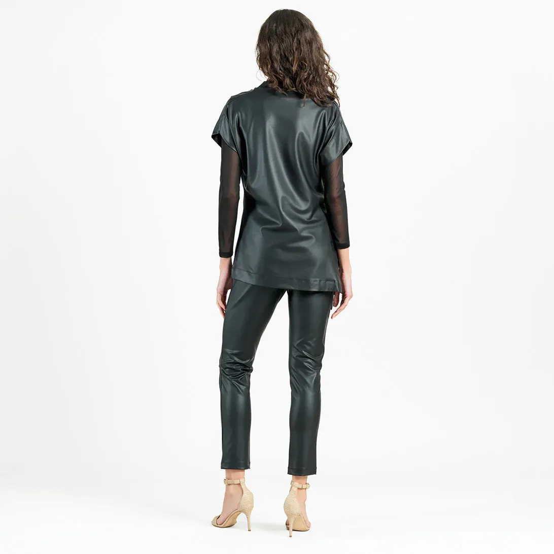 Liquid Leather™ - Funnel Neck Side Vent Tie Tunic - Black