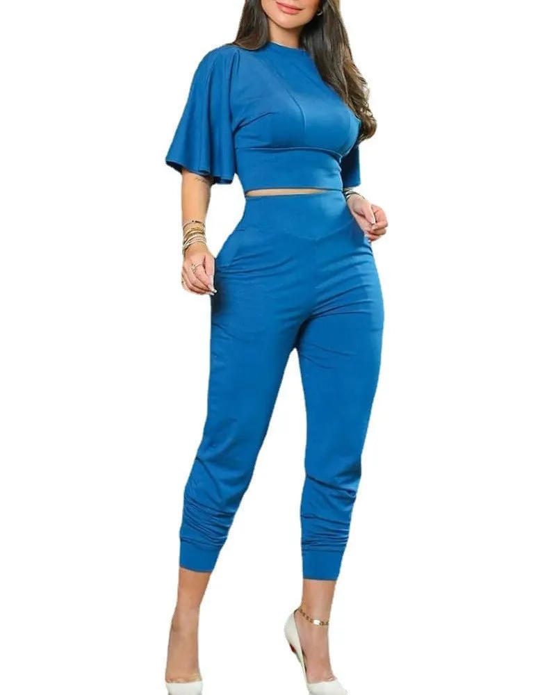 LovelyRLovely Women's Flared Sleeve Nine-point High Waist Pants Set