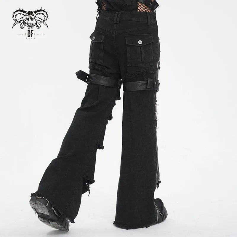 Men's Punk Unedged Faux Leather Splice Flared Pants