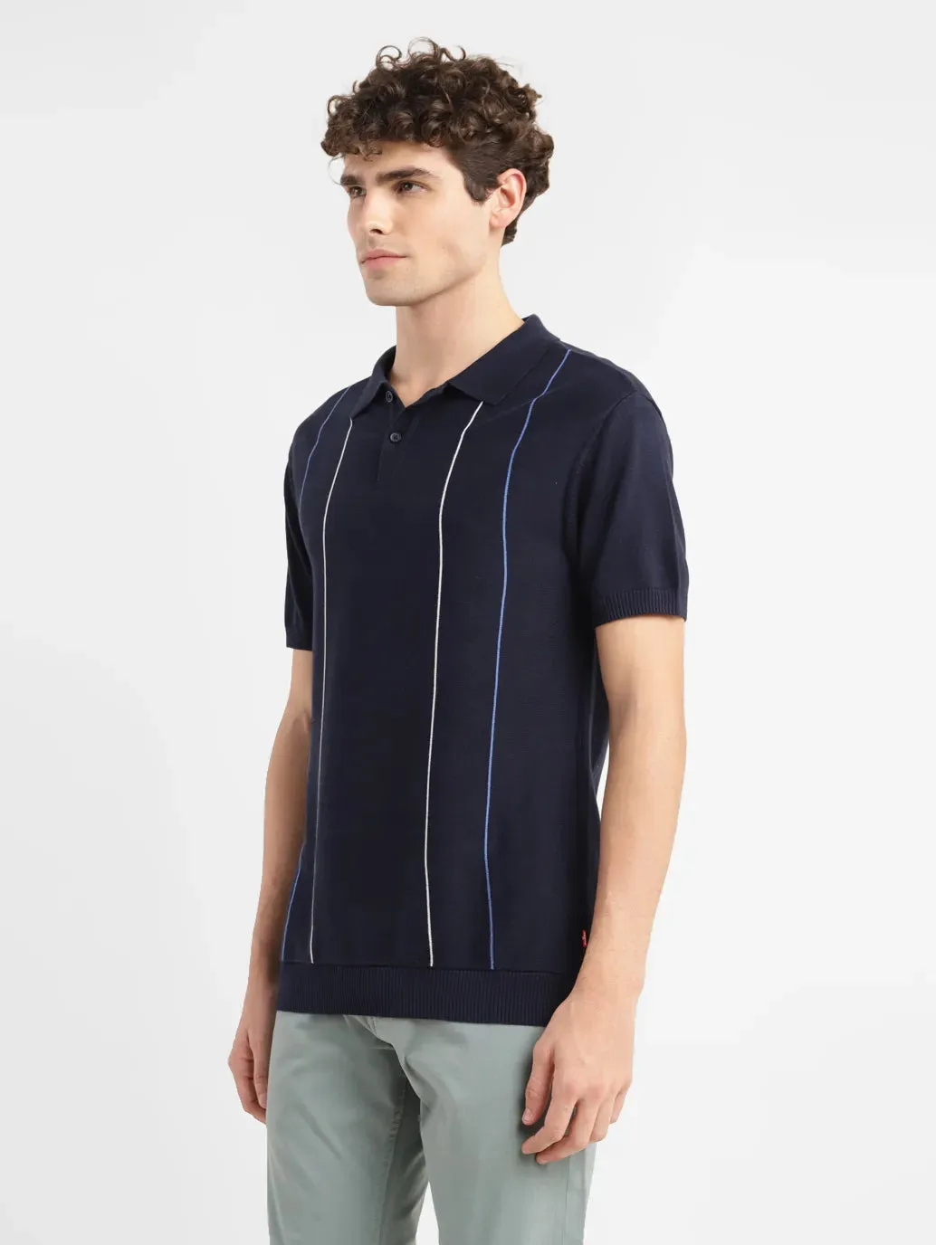 Men's Striped Navy Polo Collar Sweater