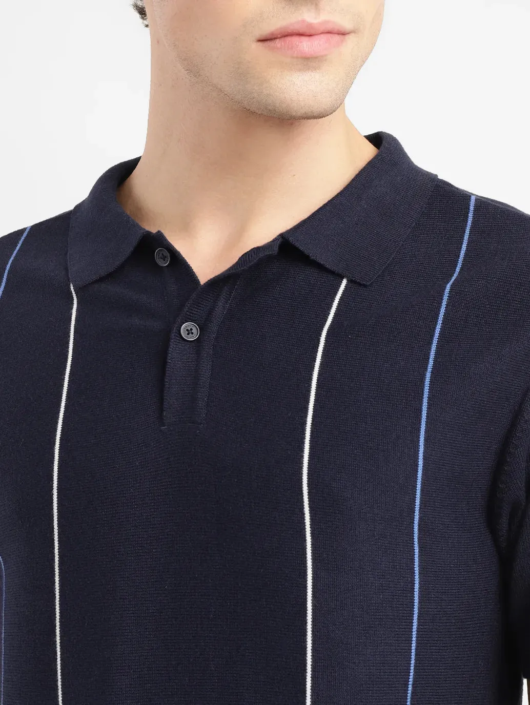 Men's Striped Navy Polo Collar Sweater