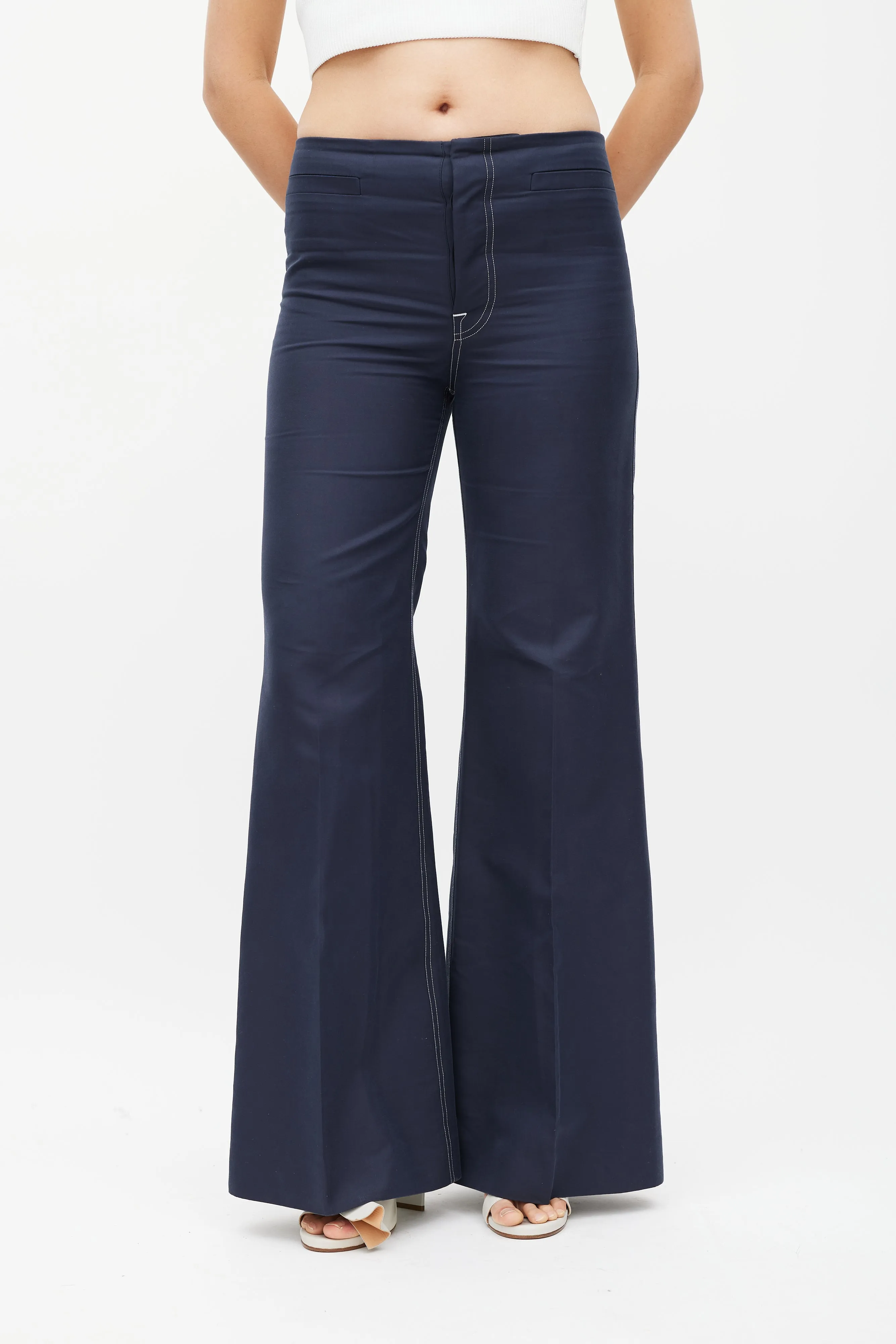 Navy Cotton & Silk Flared Trouser