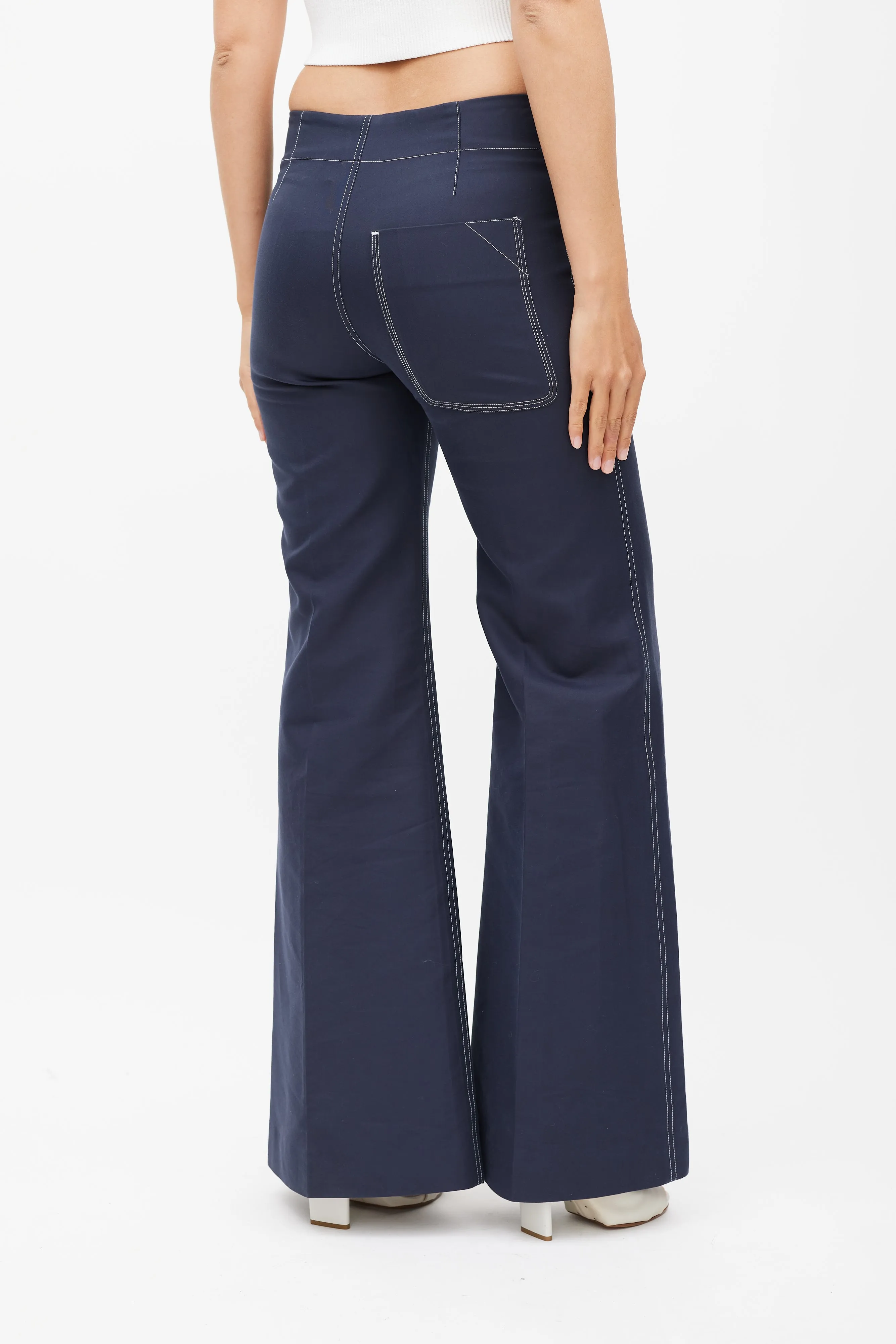 Navy Cotton & Silk Flared Trouser