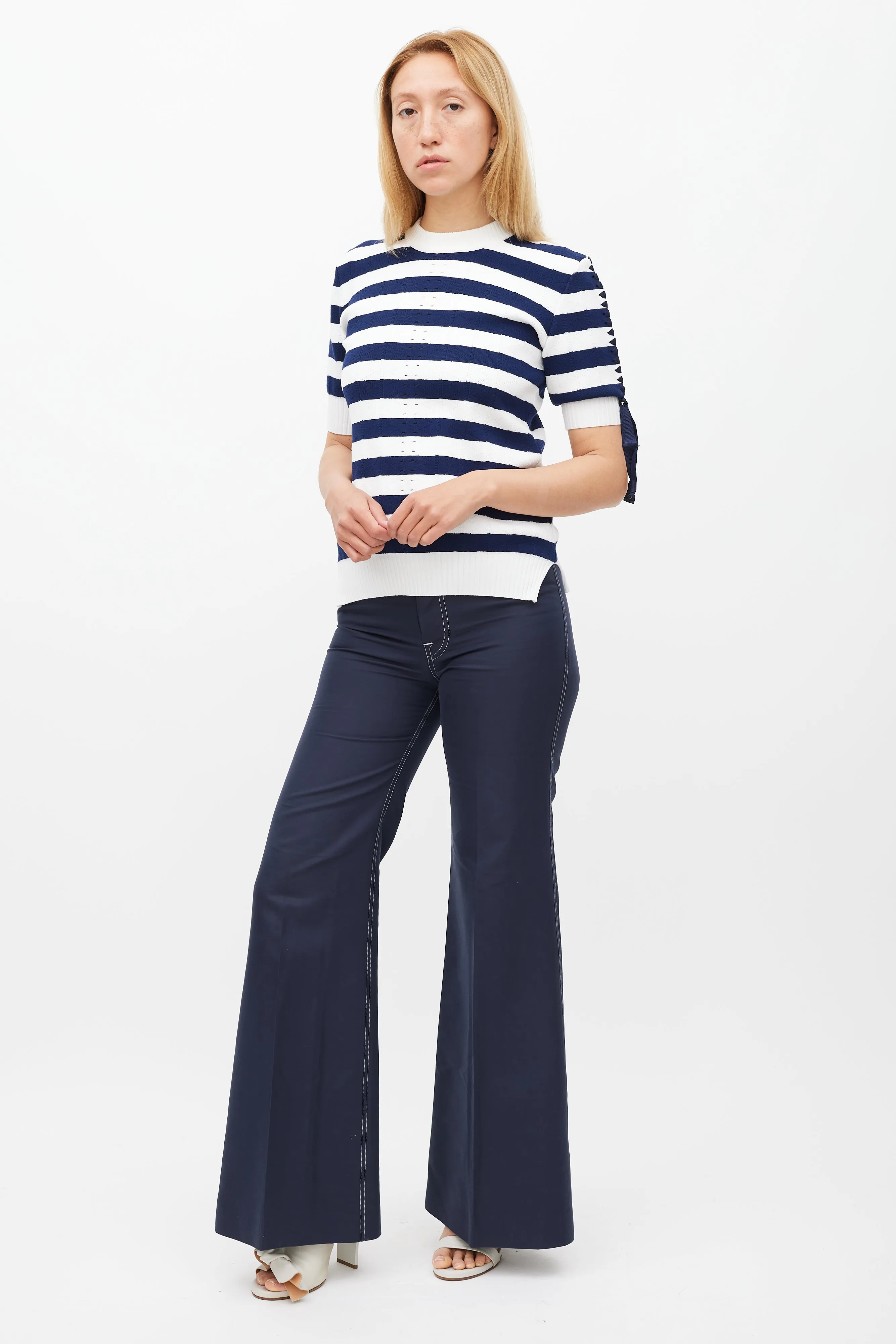 Navy Cotton & Silk Flared Trouser