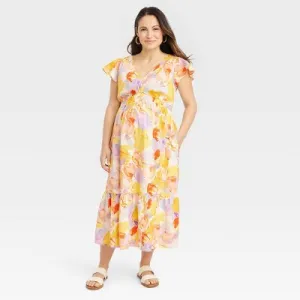 New - Flutter Sleeve Short Woven Maternity Dress - Isabel Maternity by Ingrid & Isabel Yellow Floral XL