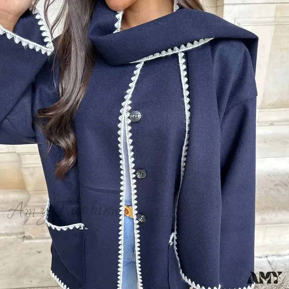 New O Neck Long Sleeve Crochet Contour Scarf Straight Button Pocket Vintage Casual Cozy Coat