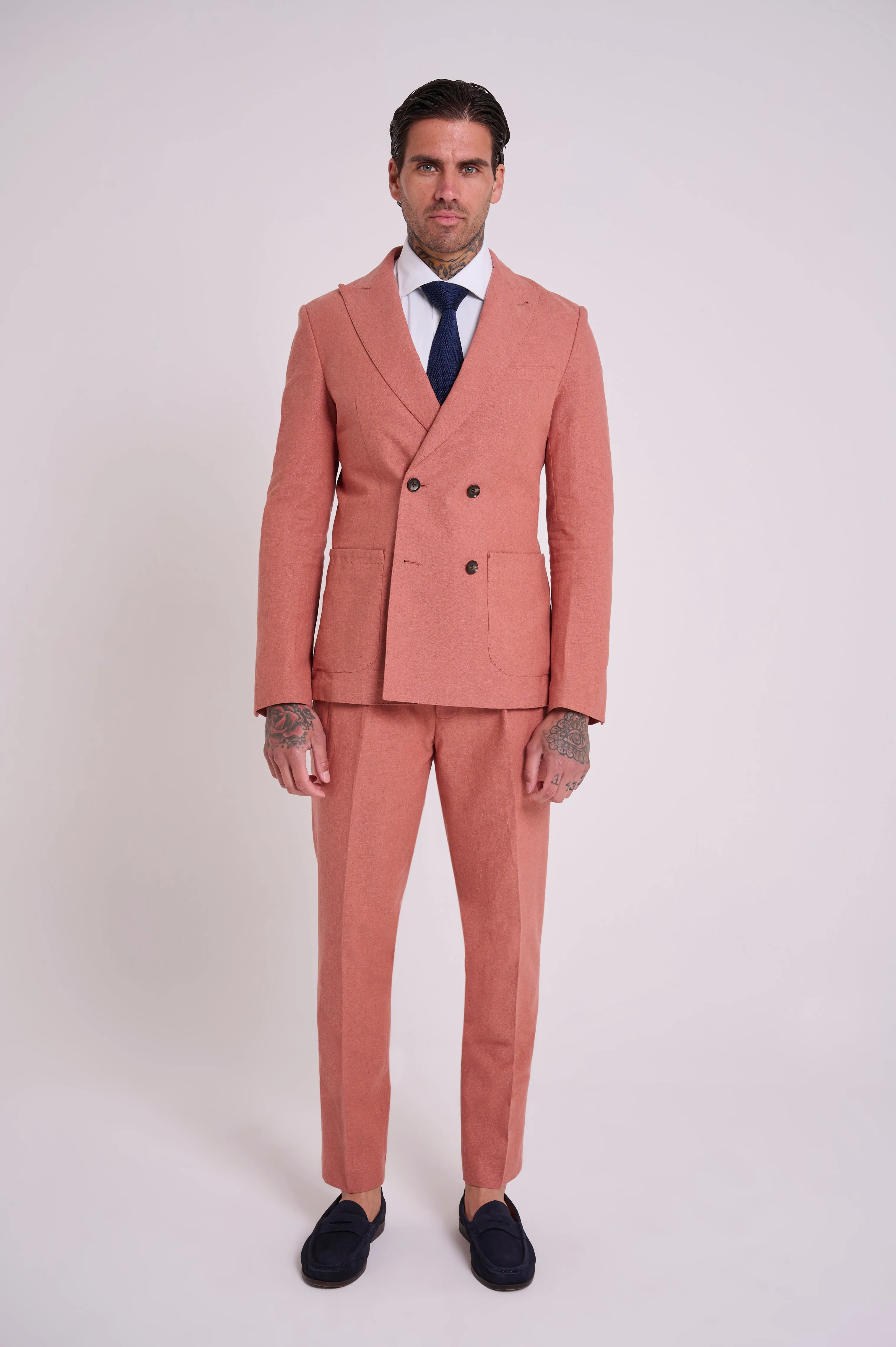 Oliver Slim Fit Linen Cotton Blend Double Breasted Suit Blazer in Rust Red