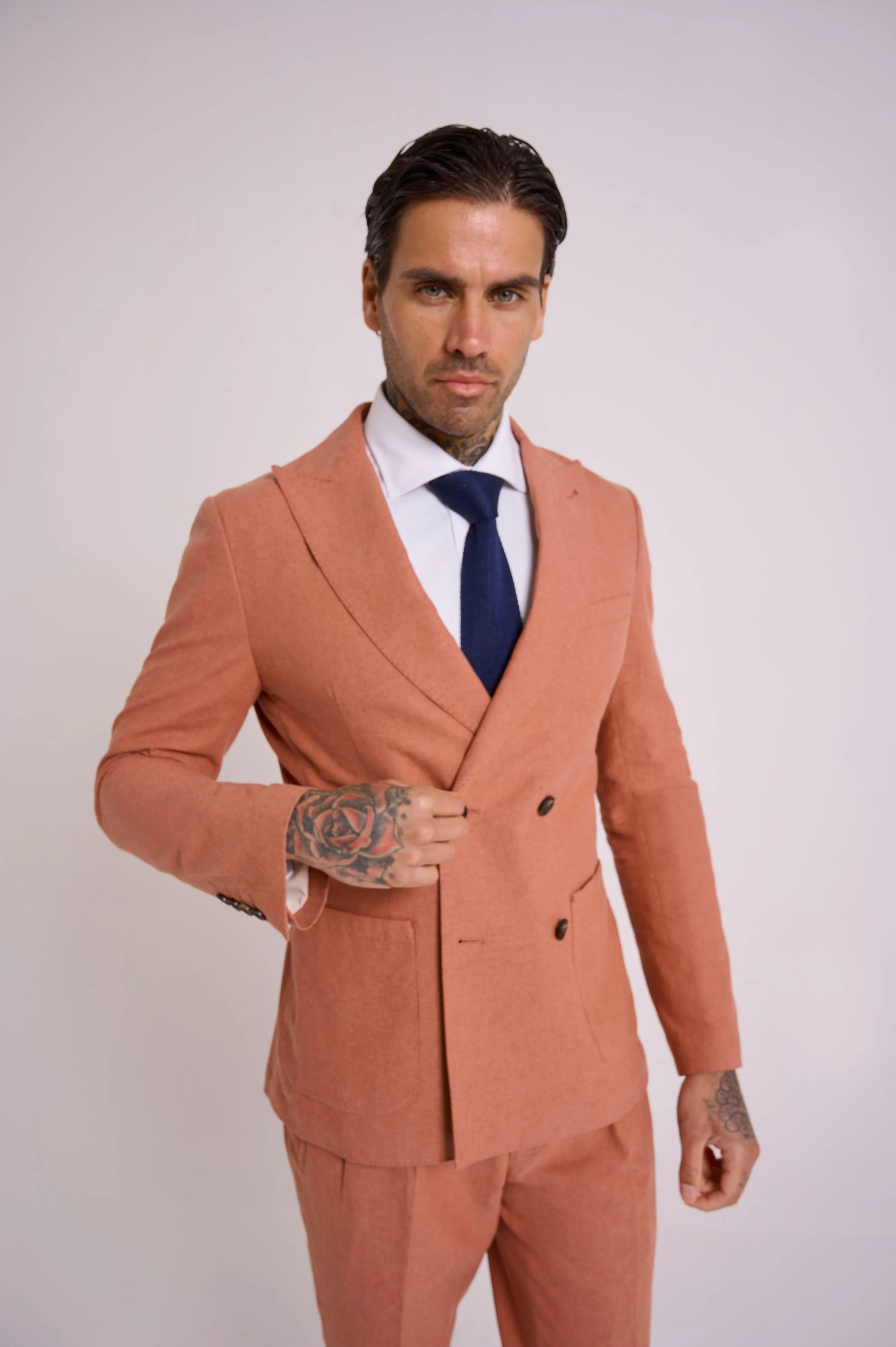 Oliver Slim Fit Linen Cotton Blend Double Breasted Suit Blazer in Rust Red