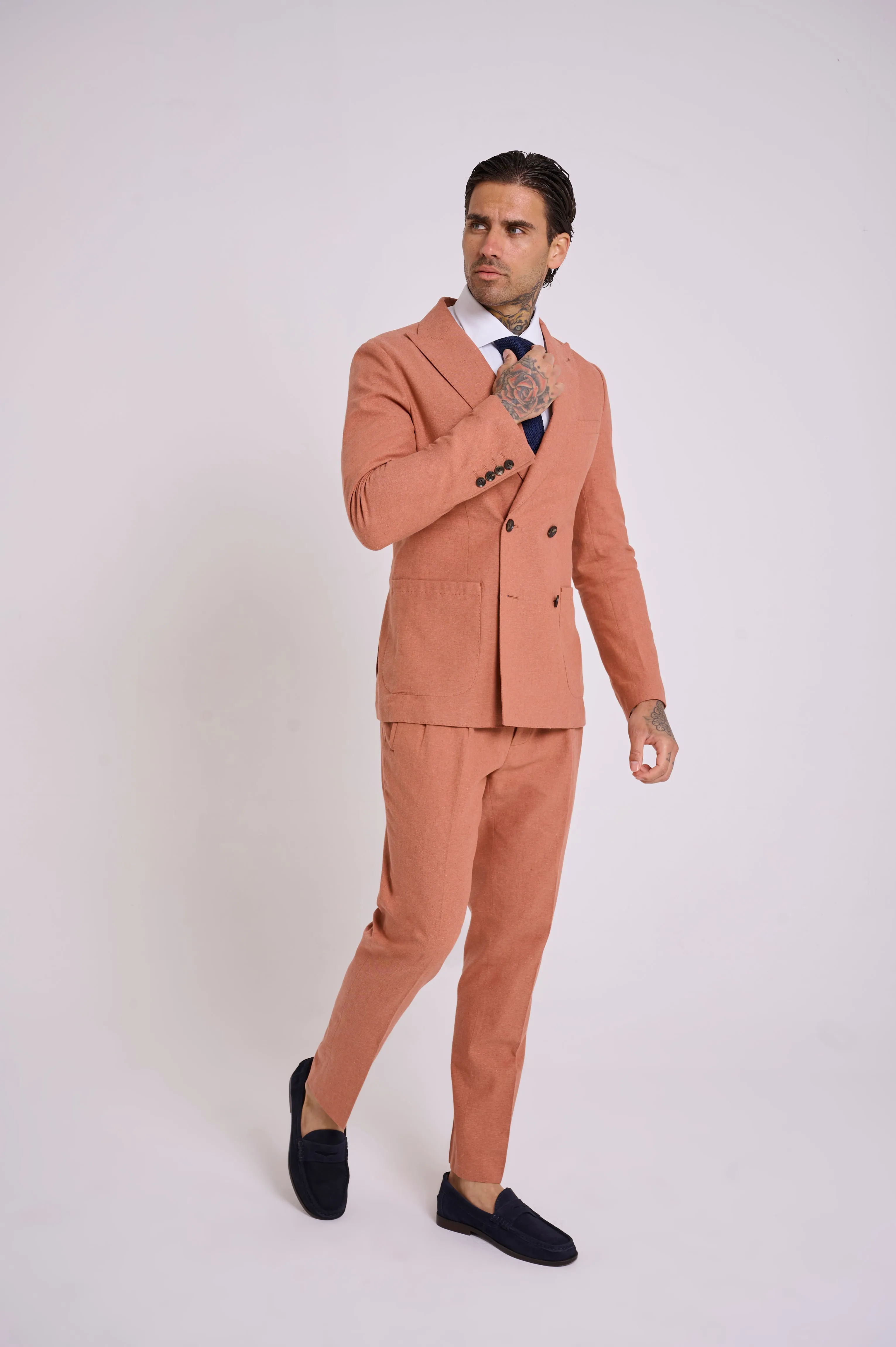 Oliver Slim Fit Linen Cotton Blend Double Breasted Suit Blazer in Rust Red