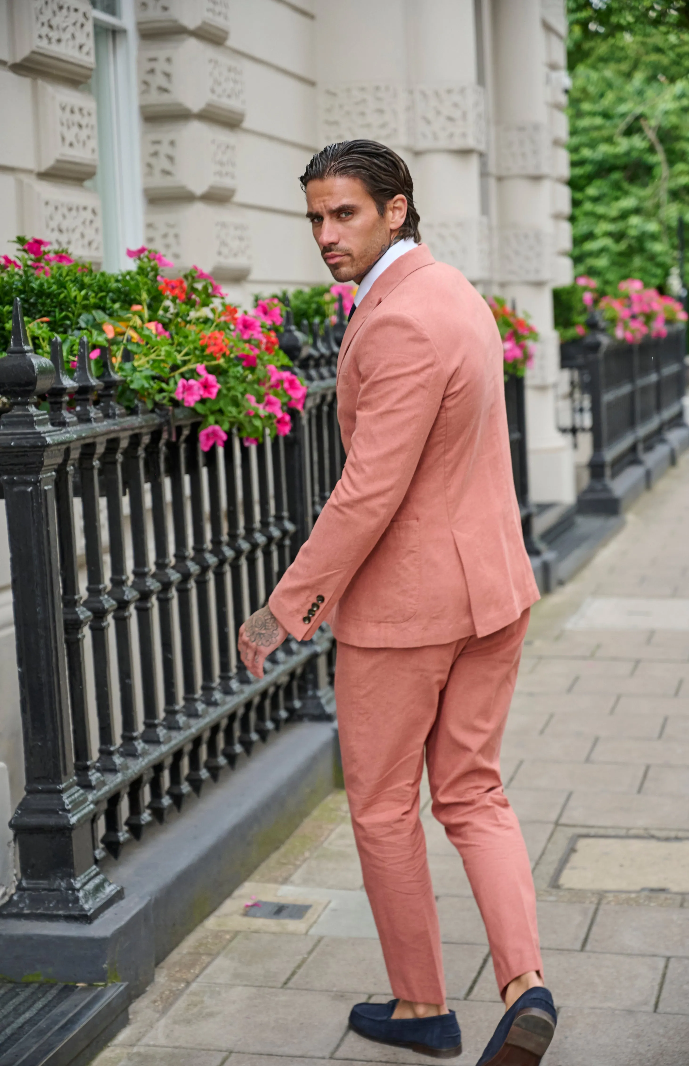 Oliver Slim Fit Linen Cotton Blend Double Breasted Suit Blazer in Rust Red