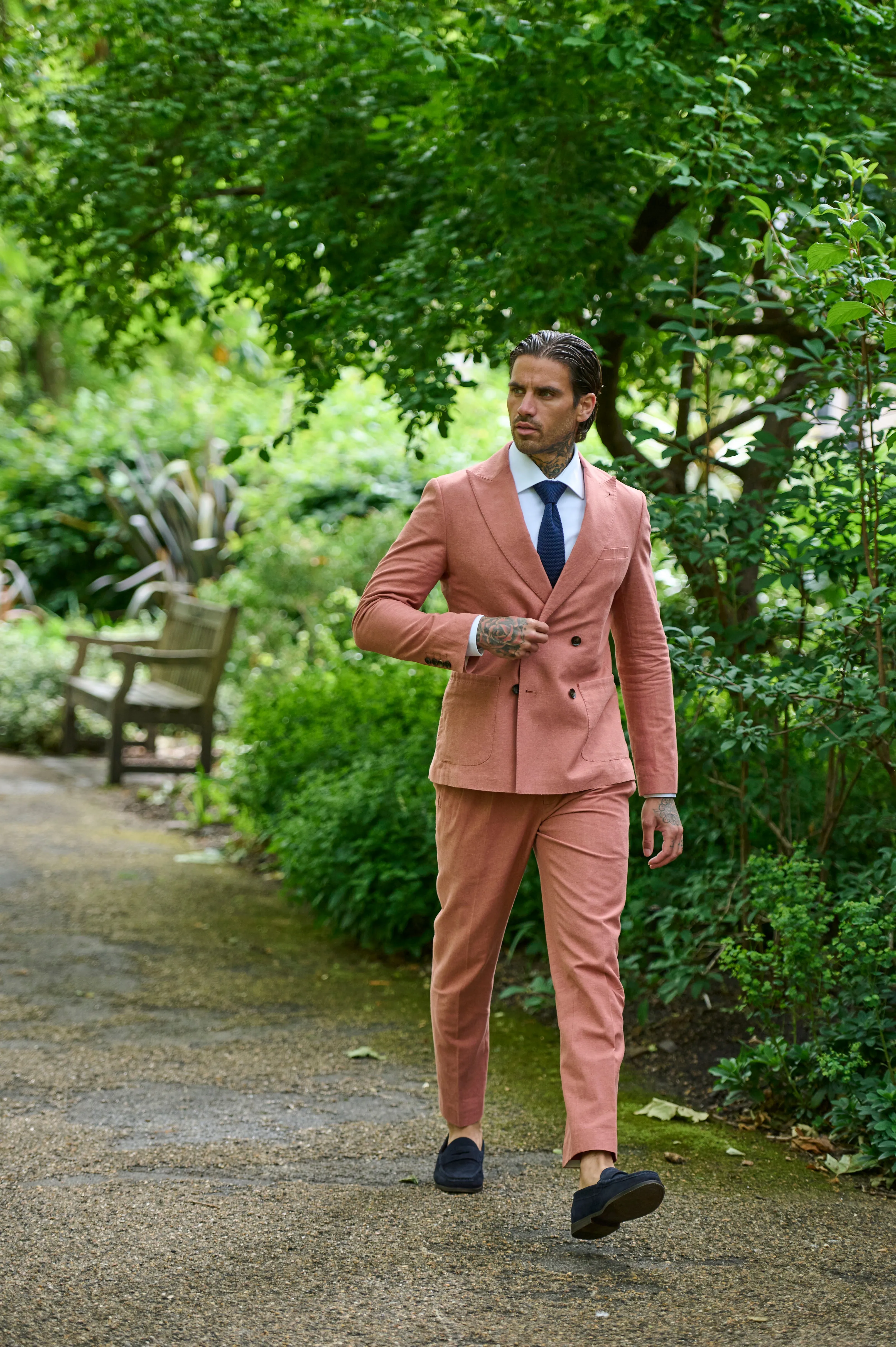 Oliver Slim Fit Linen Cotton Blend Double Breasted Suit Blazer in Rust Red