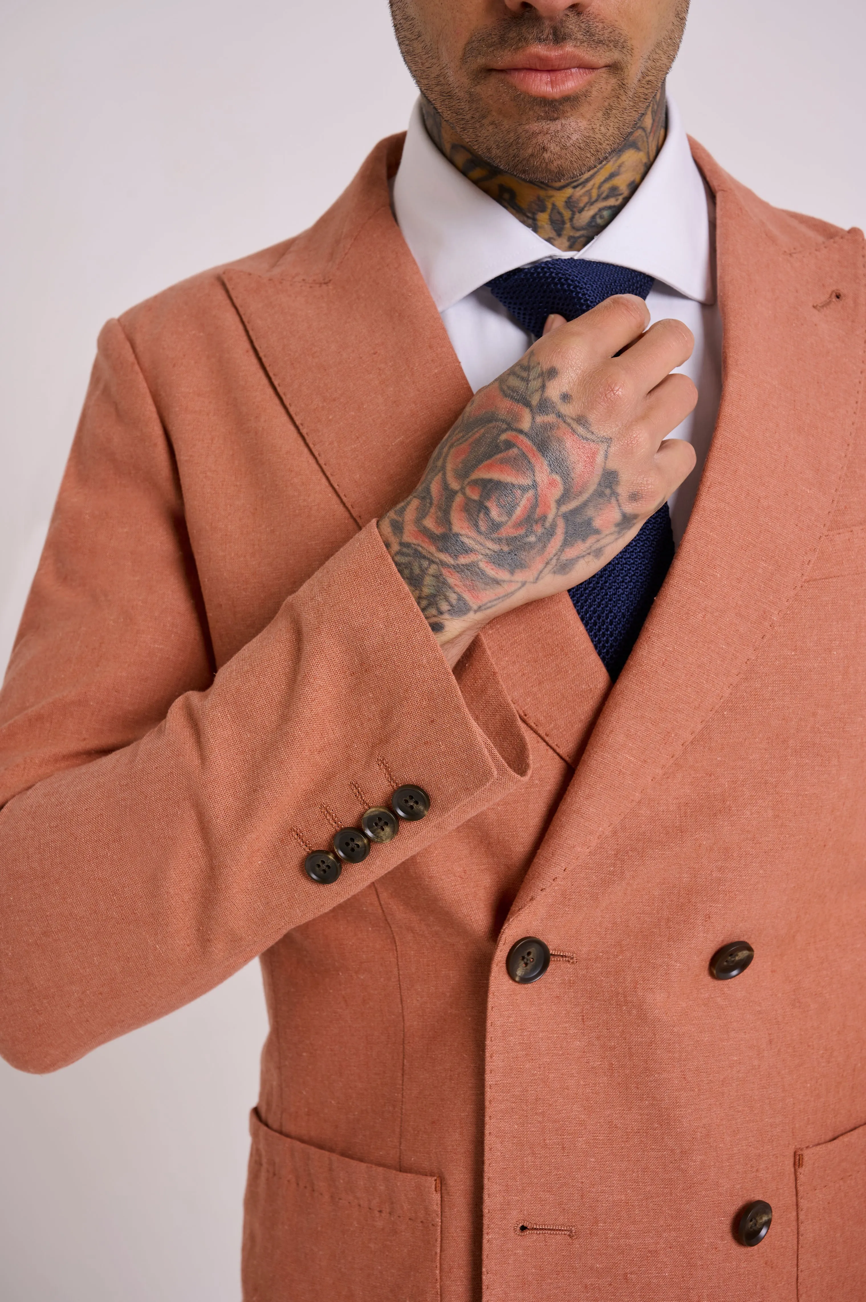 Oliver Slim Fit Linen Cotton Blend Double Breasted Suit Blazer in Rust Red