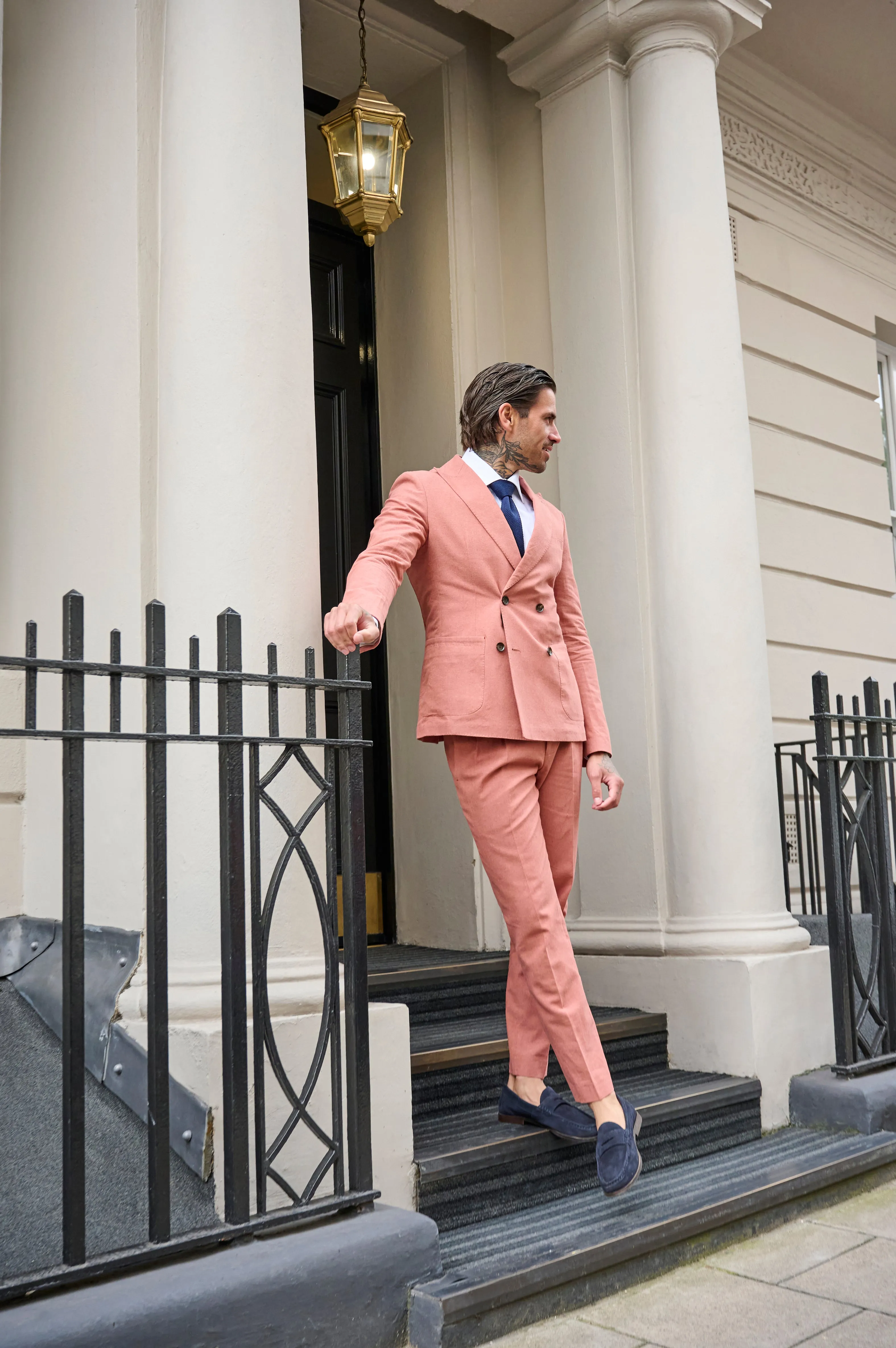 Oliver Slim Fit Linen Cotton Blend Double Breasted Suit Blazer in Rust Red