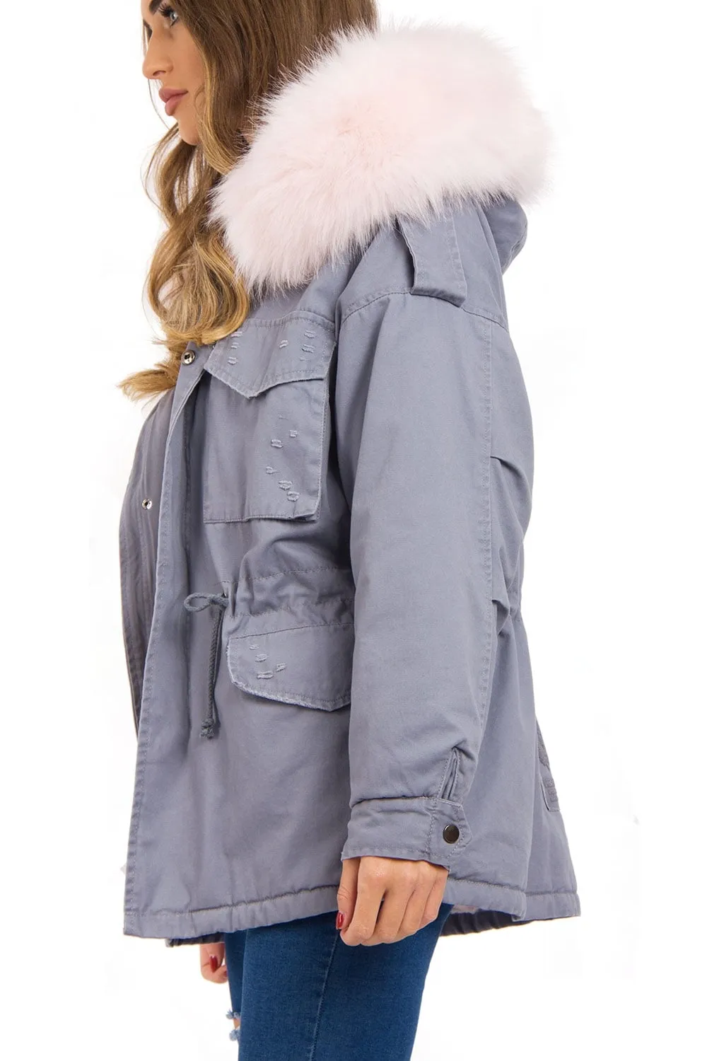 Oversized Faux Fur Trim Fleece Hooded Parka Jacket Coat