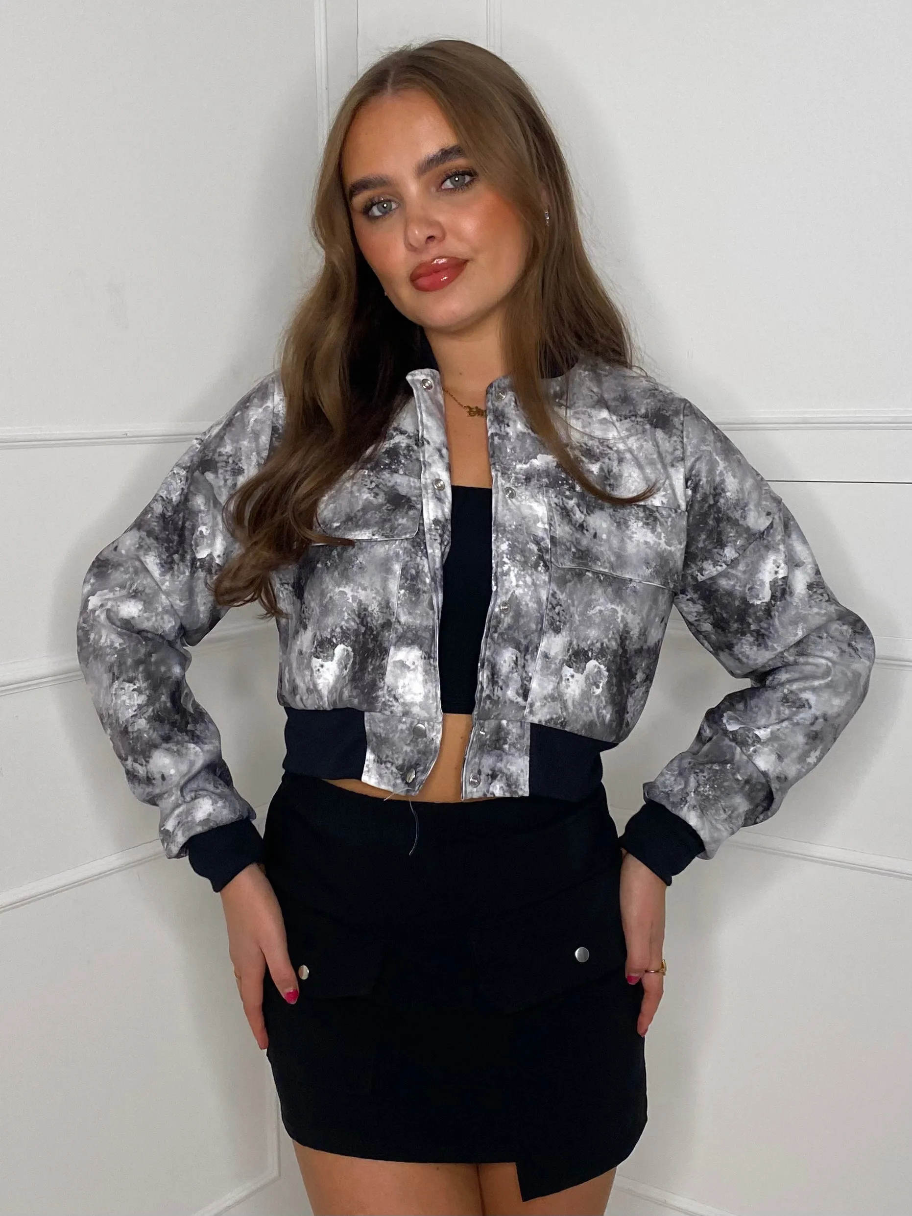 Pocket Detail Cropped Bomber Jacket - Grey Marble