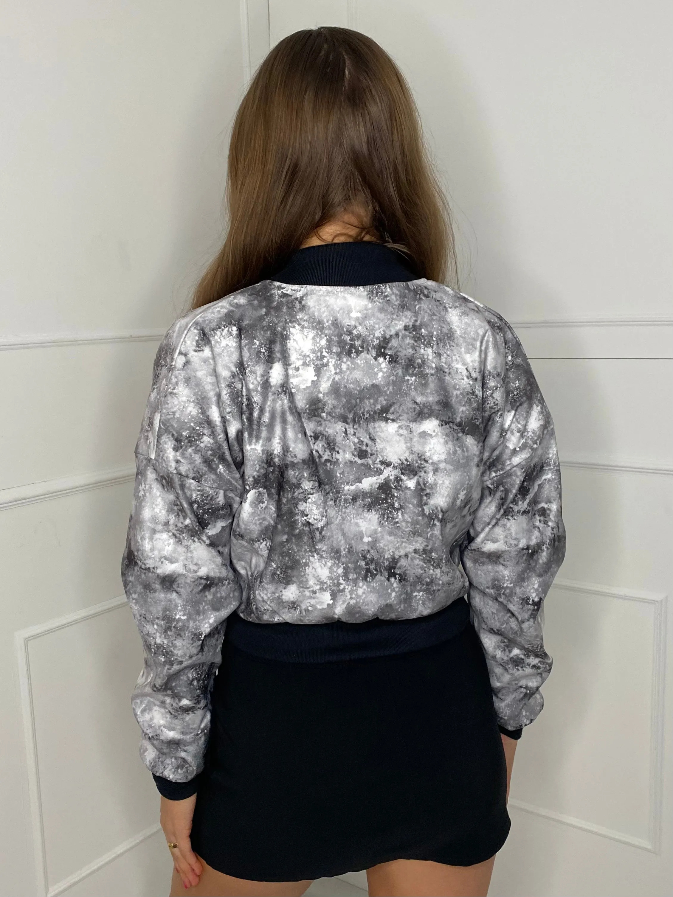 Pocket Detail Cropped Bomber Jacket - Grey Marble