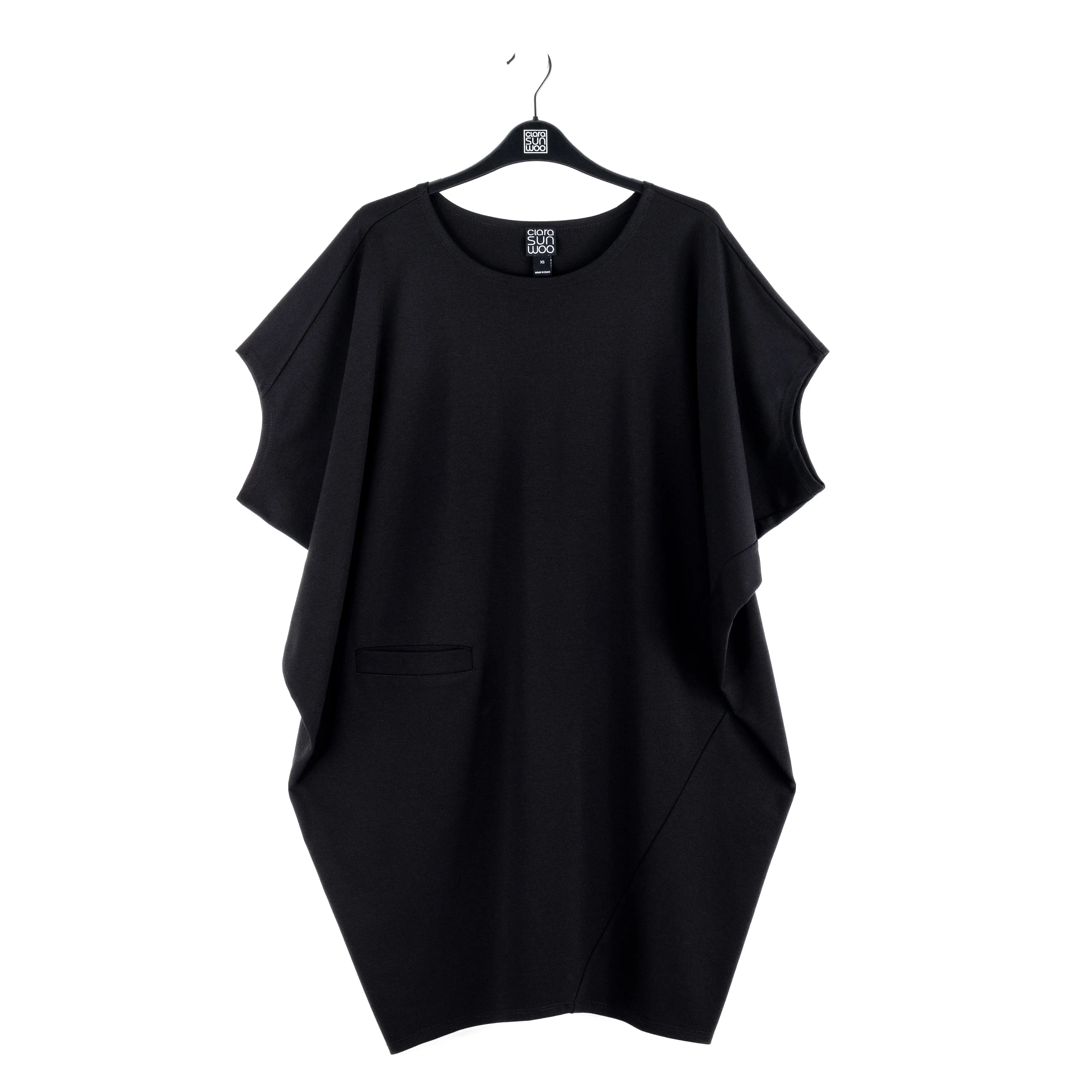 Rayon-Ponte Knit - Architectural Tunic Pocket Dress - Black