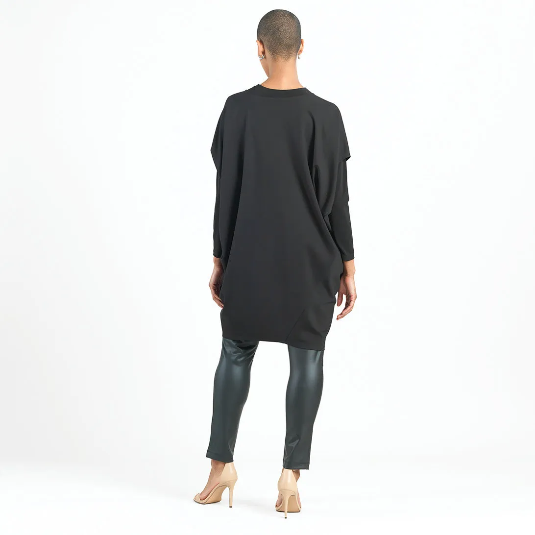 Rayon-Ponte Knit - Architectural Tunic Pocket Dress - Black