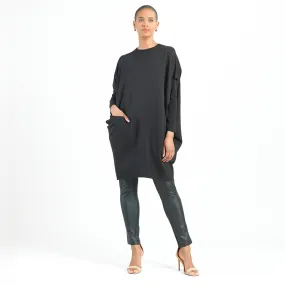 Rayon-Ponte Knit - Architectural Tunic Pocket Dress - Black