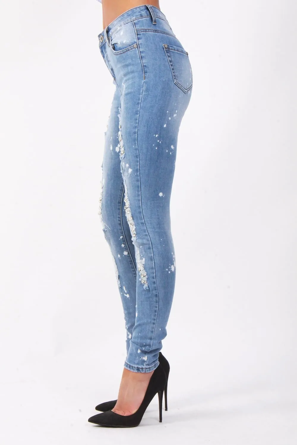 Ripped Diamante Jewel Detail Skinny High Waist Jeans