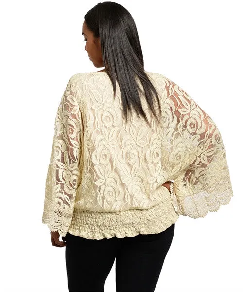 Romantic Beige Rosette Lace Poncho Style Top