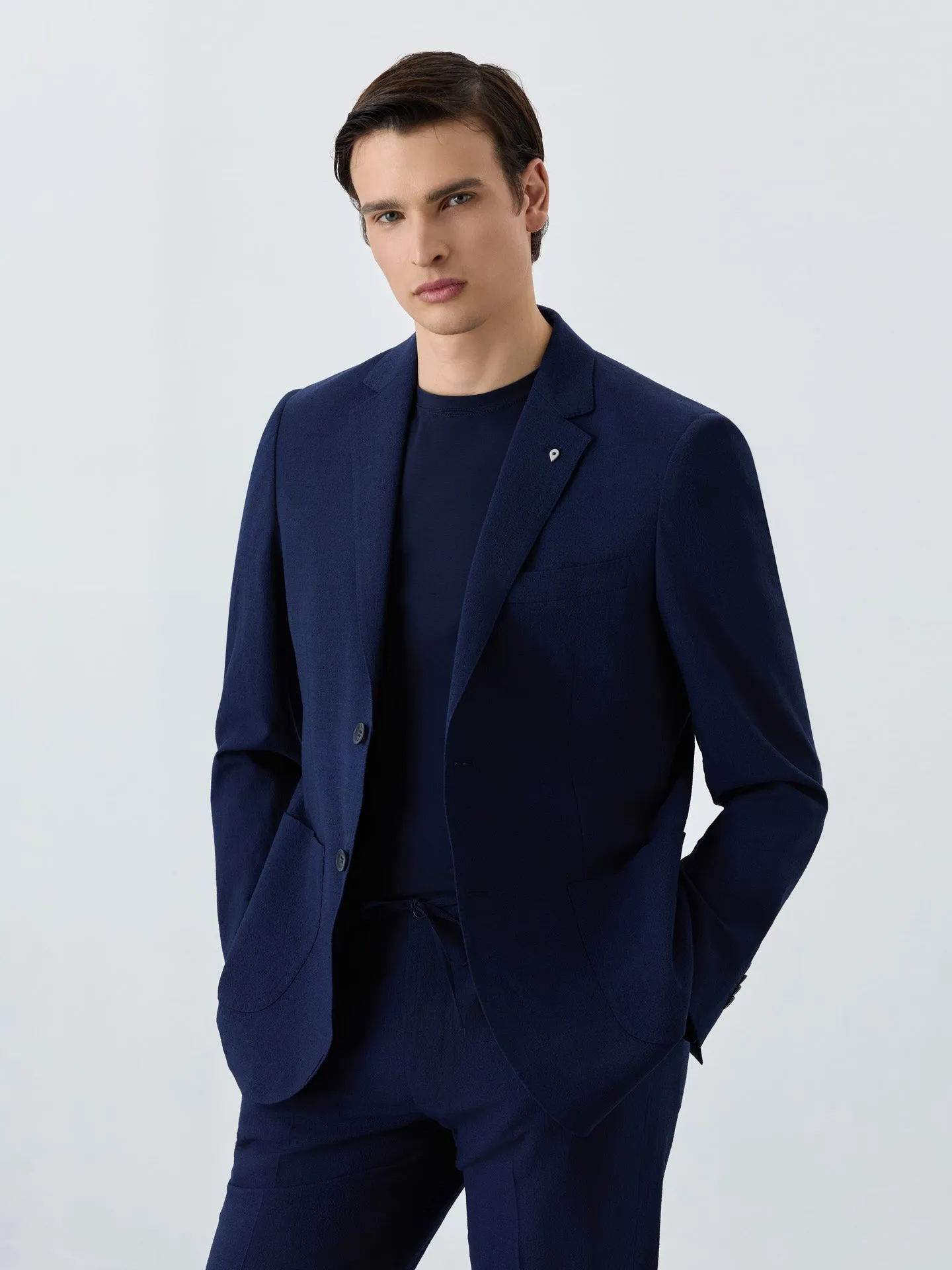 Slim Fit Seersucker Suit In Wool-elastane Blend