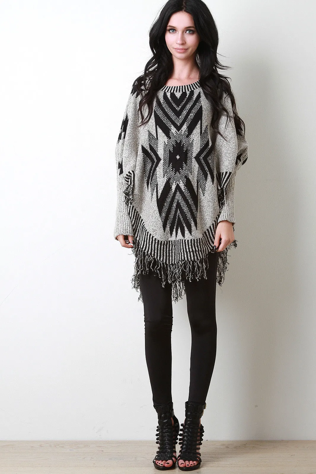 Tribal Dolman Sleeve Poncho Sweater