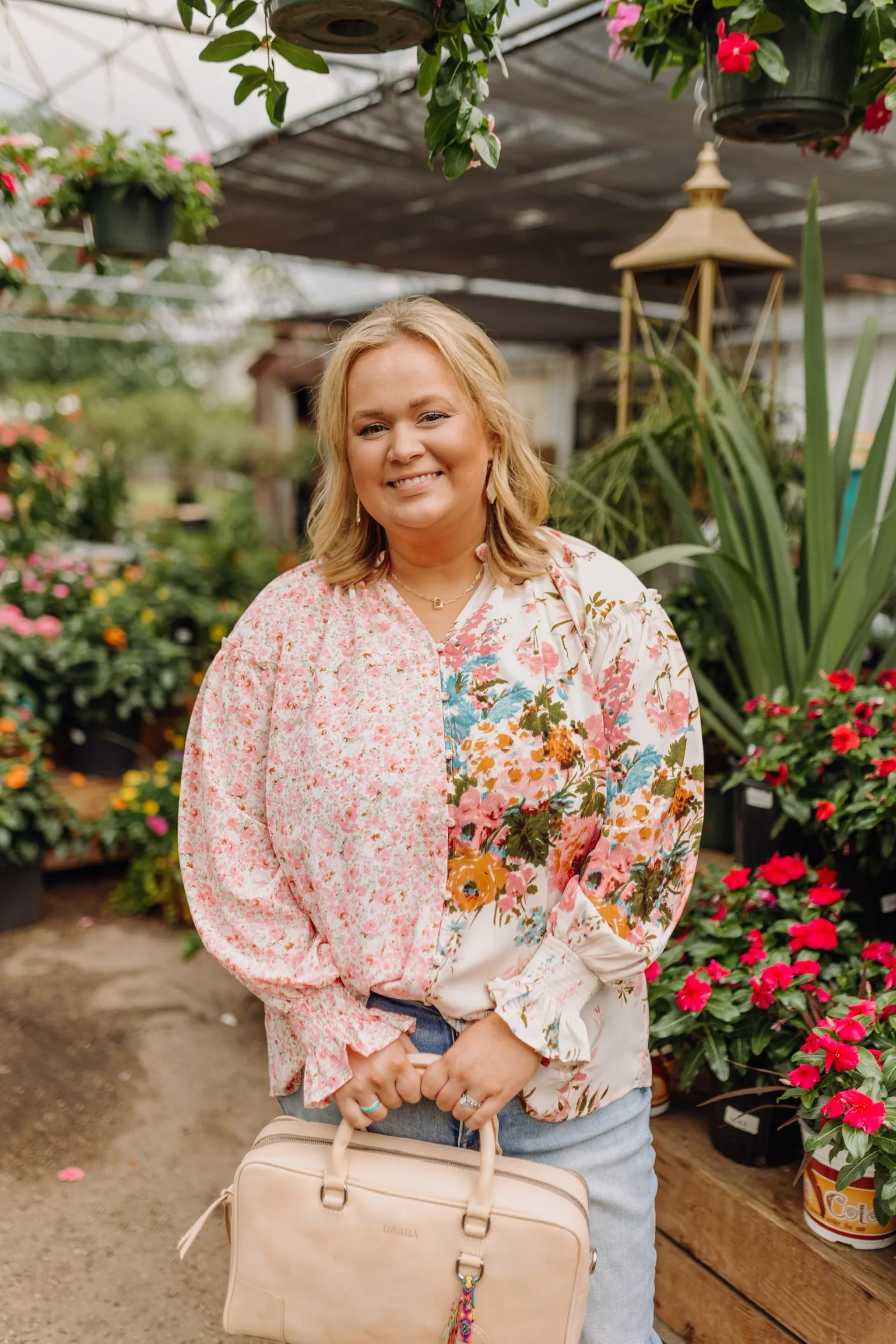 Tulip Time Floral Mix Print Button Up Blouse in Pink