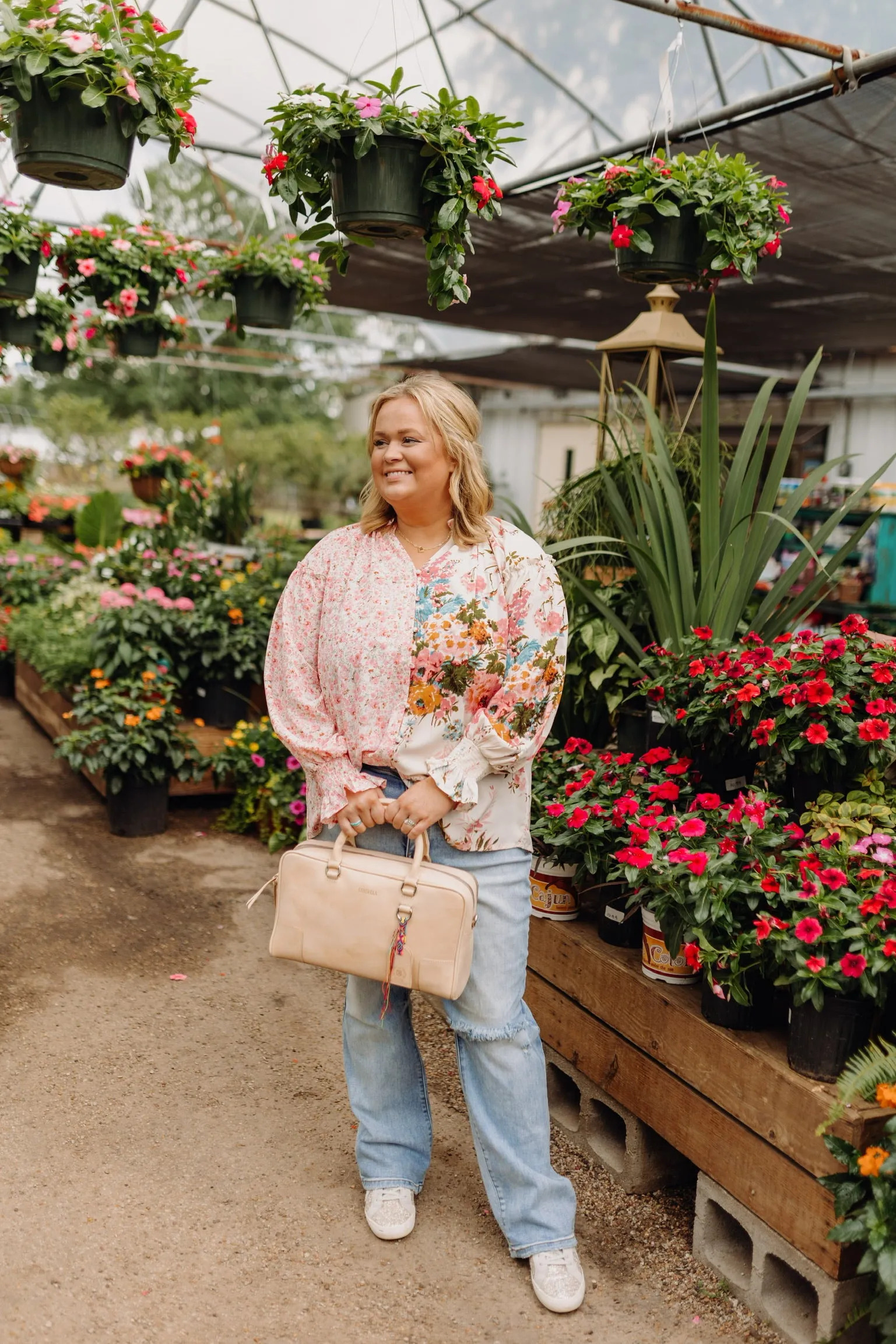 Tulip Time Floral Mix Print Button Up Blouse in Pink