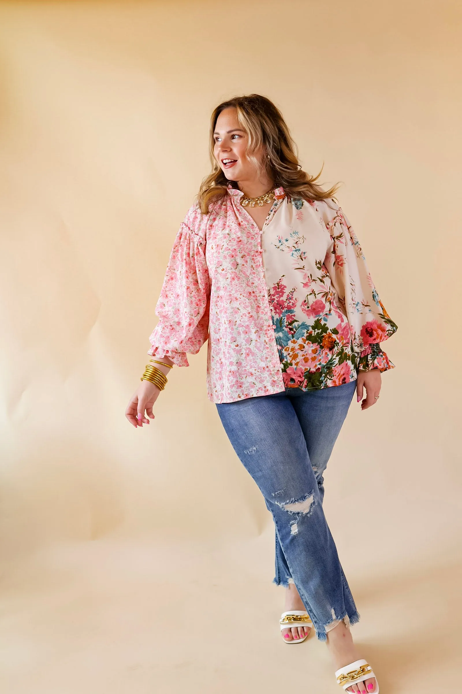 Tulip Time Floral Mix Print Button Up Blouse in Pink