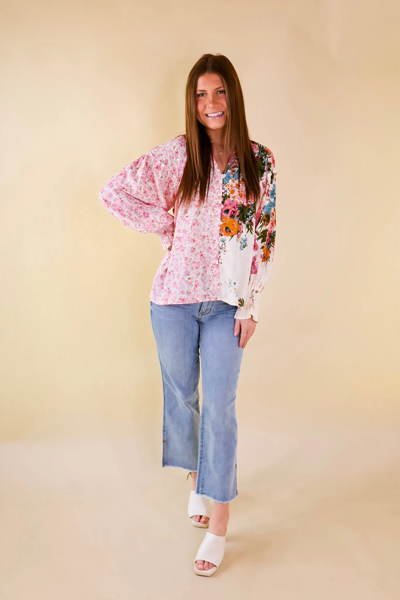 Tulip Time Floral Mix Print Button Up Blouse in Pink