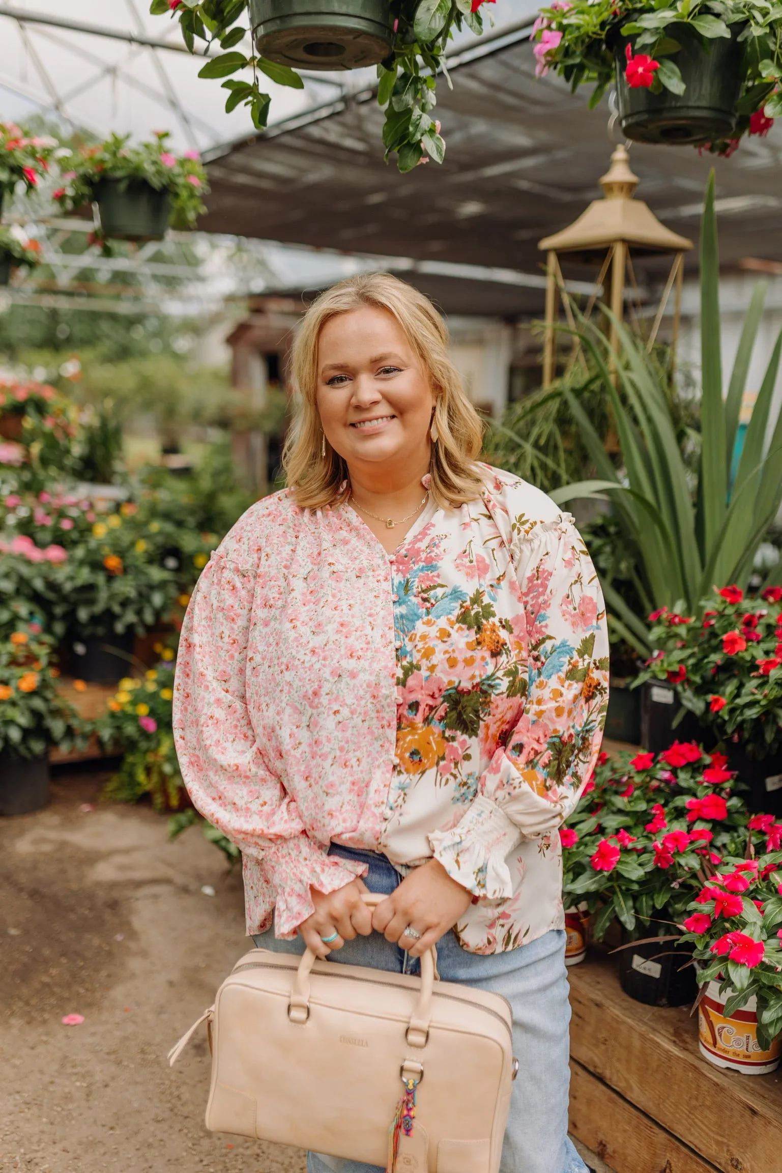 Tulip Time Floral Mix Print Button Up Blouse in Pink