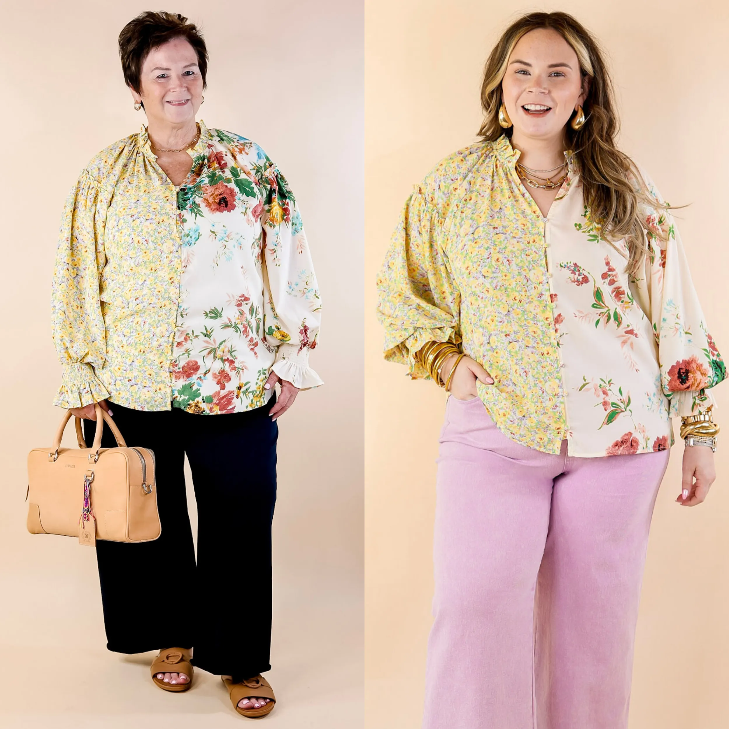 Tulip Time Floral Mix Print Button Up Blouse in Yellow