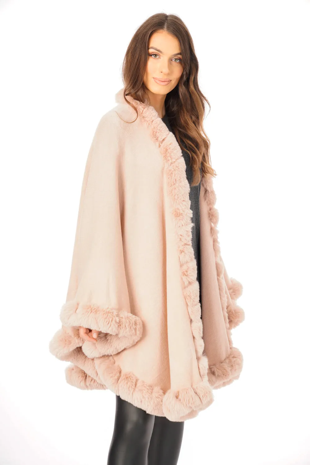 Ultra Soft Faux Fur Trim Swing Poncho Cape