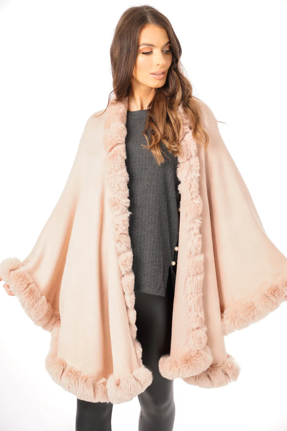 Ultra Soft Faux Fur Trim Swing Poncho Cape