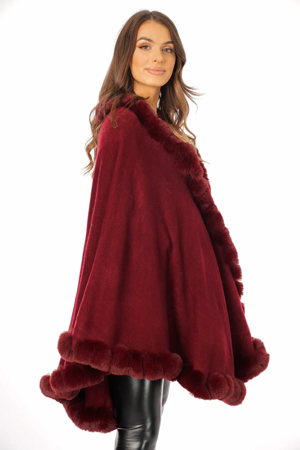 Ultra Soft Faux Fur Trim Swing Poncho Cape