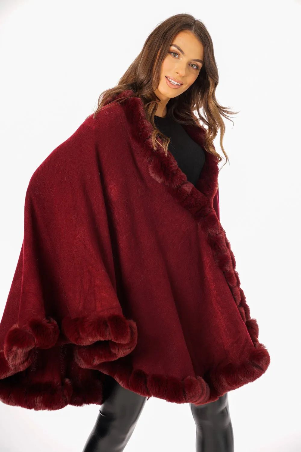 Ultra Soft Faux Fur Trim Swing Poncho Cape