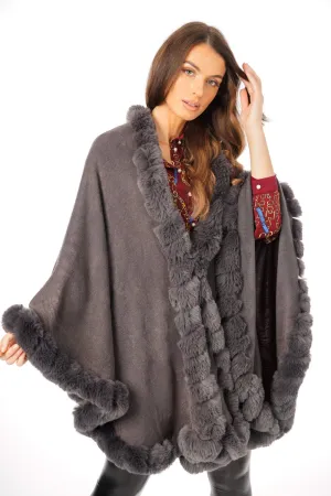 Ultra Soft Faux Fur Trim Swing Poncho Cape