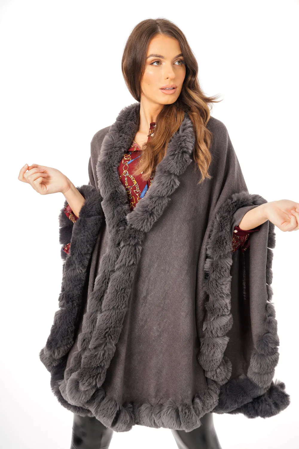 Ultra Soft Faux Fur Trim Swing Poncho Cape