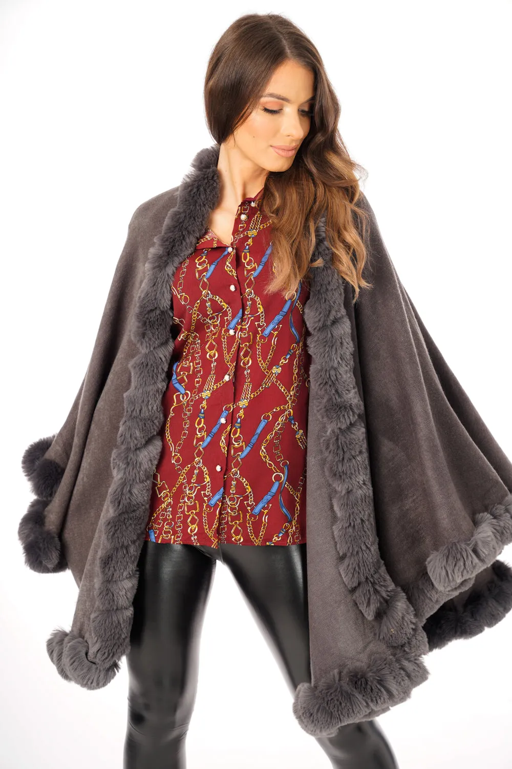 Ultra Soft Faux Fur Trim Swing Poncho Cape