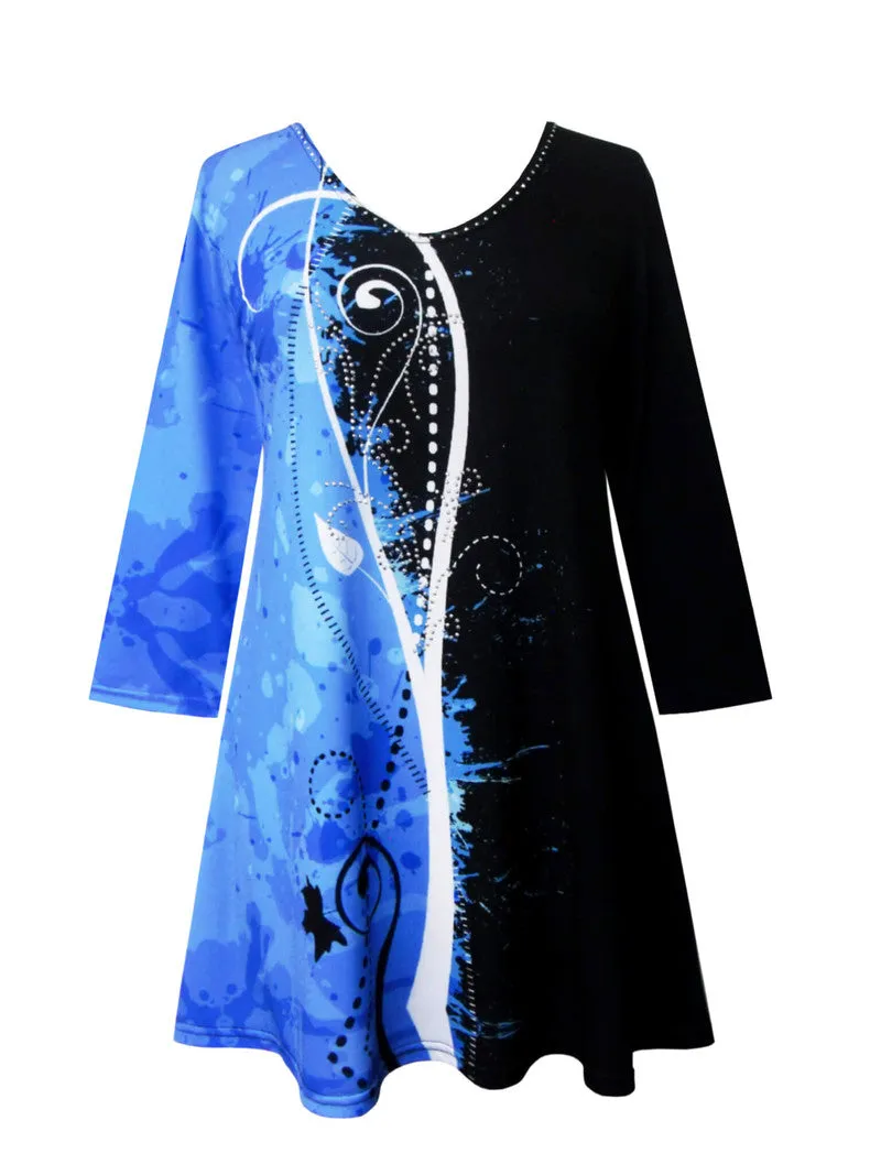 Valentina "Ascent" Royal Blue, Black & White  Print V-Neck Tunic - 31294-TU