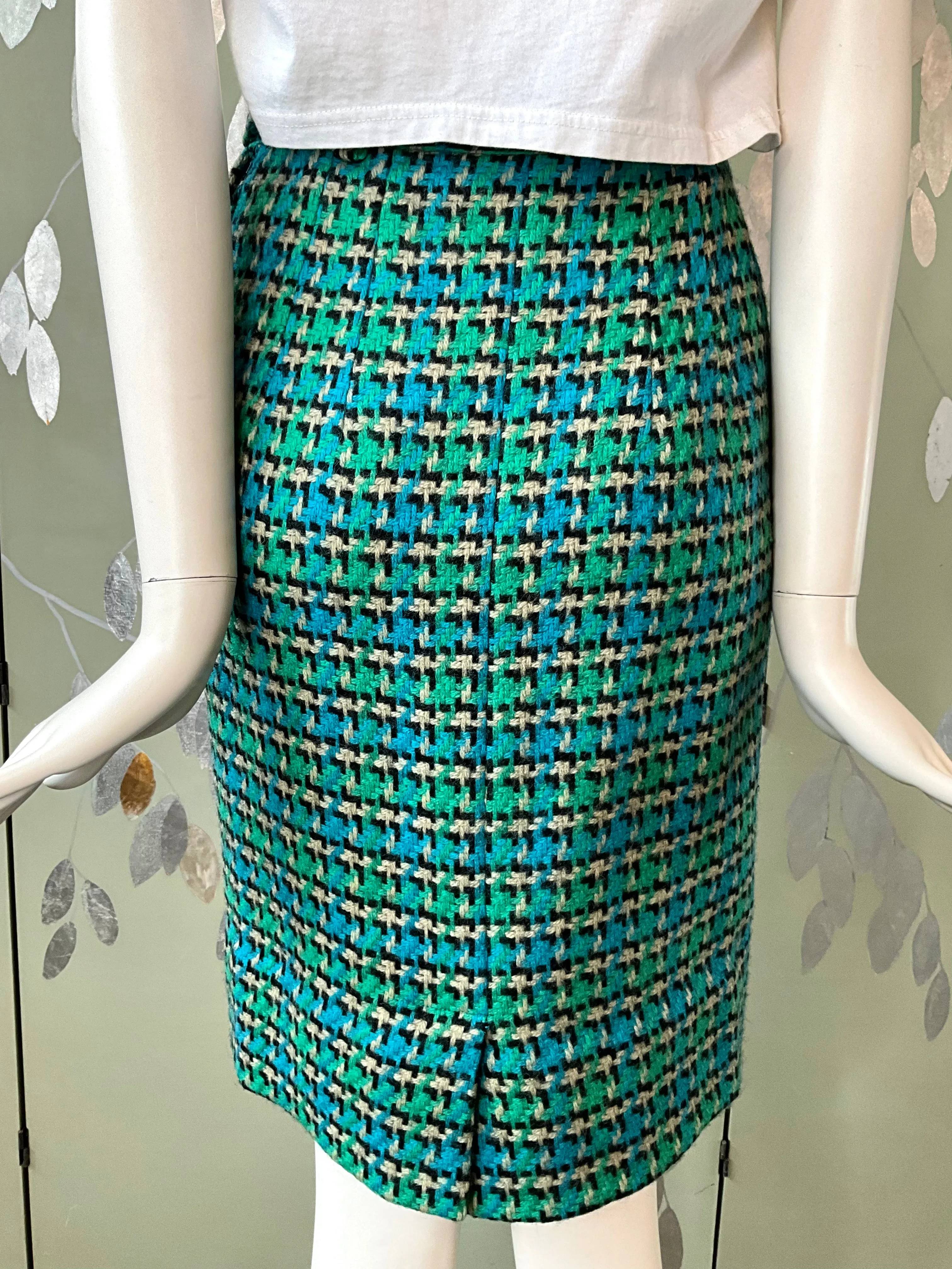 Vintage 1960s Green Blue Tweed Pencil Skirt, XS