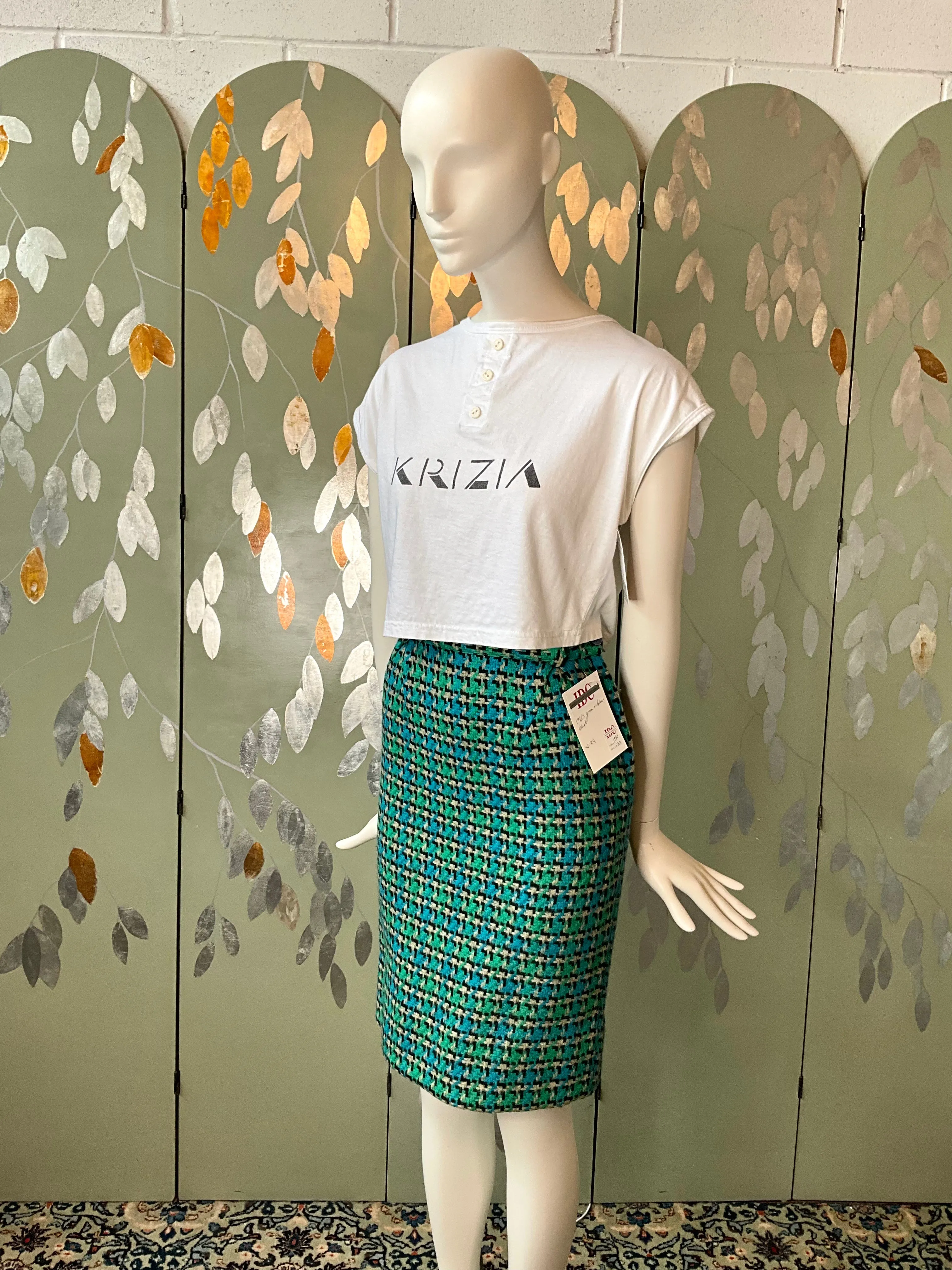 Vintage 1960s Green Blue Tweed Pencil Skirt, XS