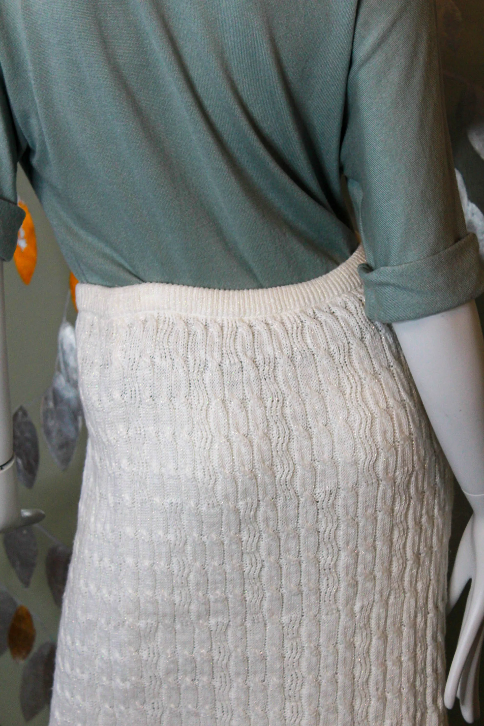 Vintage 1980s Sparkly White Cable Knit Midi Skirt, Medium