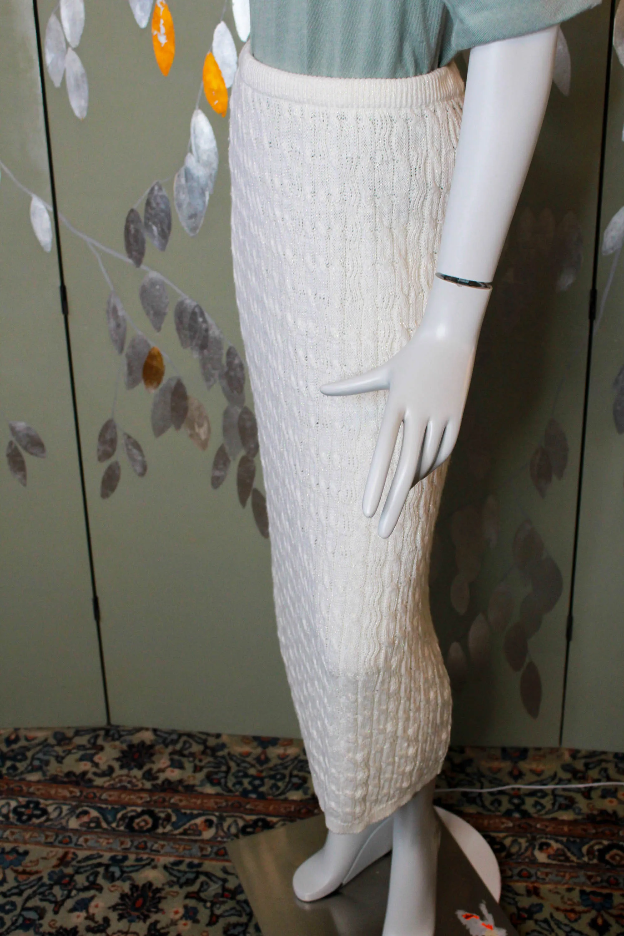 Vintage 1980s Sparkly White Cable Knit Midi Skirt, Medium