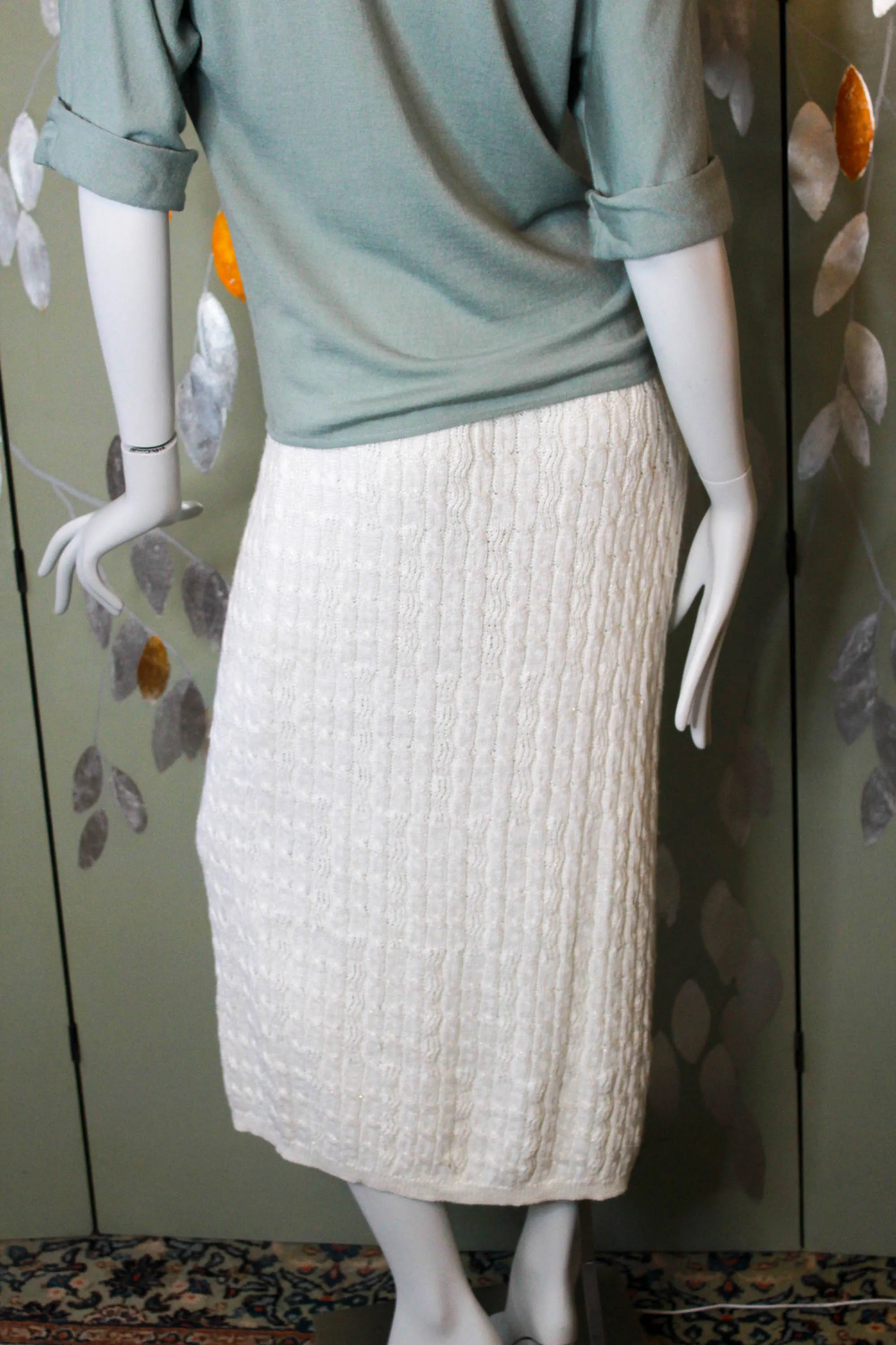 Vintage 1980s Sparkly White Cable Knit Midi Skirt, Medium