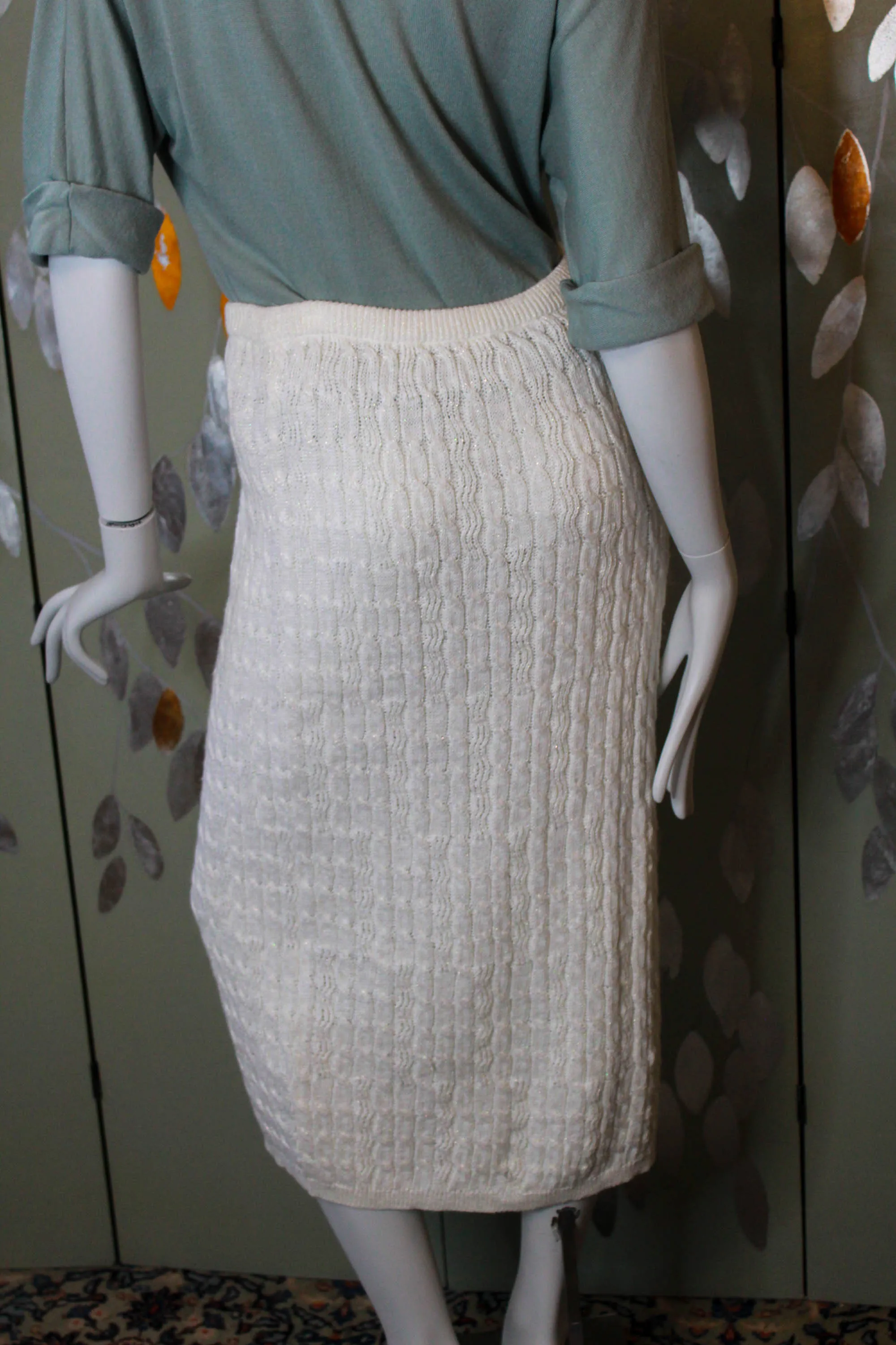 Vintage 1980s Sparkly White Cable Knit Midi Skirt, Medium