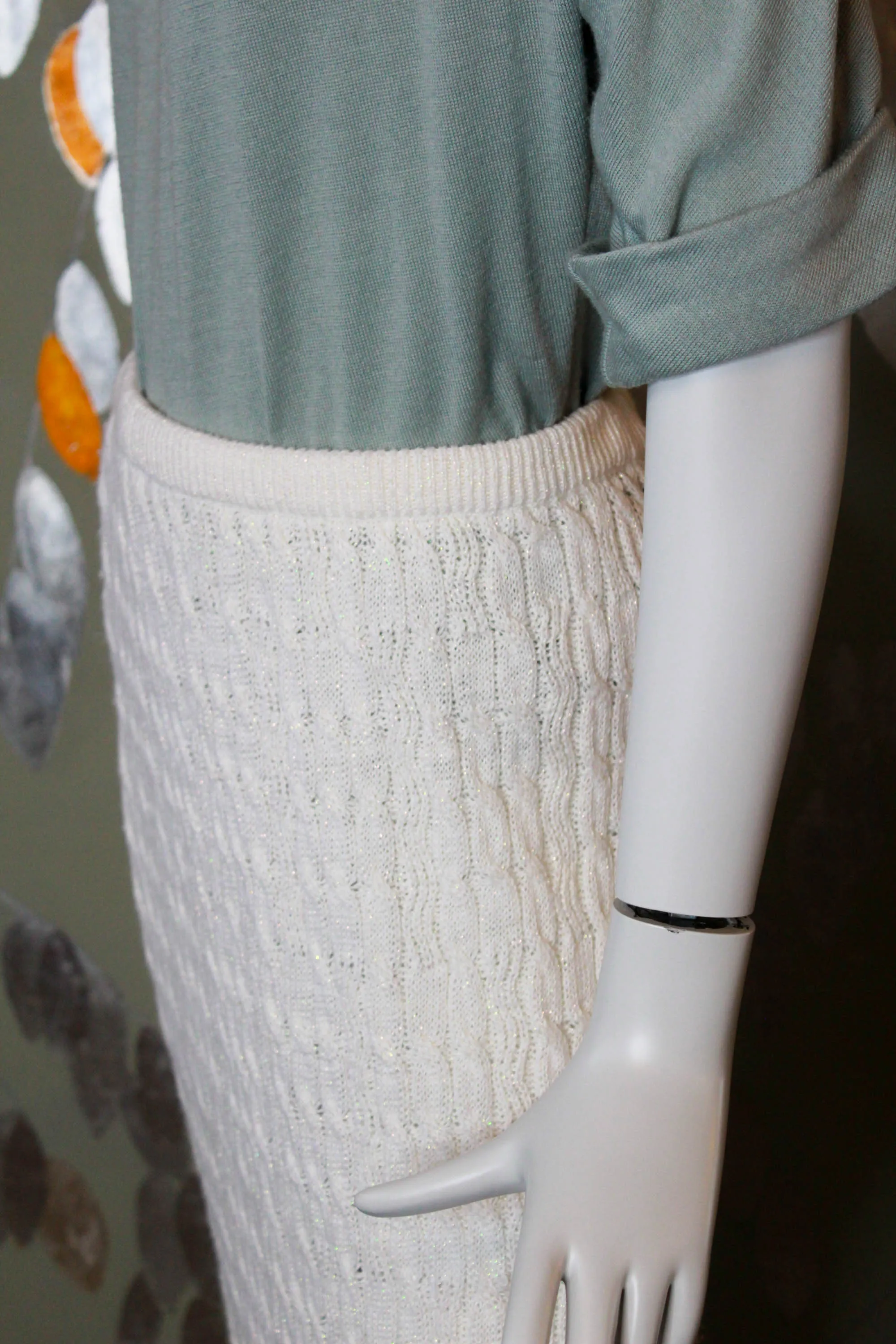 Vintage 1980s Sparkly White Cable Knit Midi Skirt, Medium